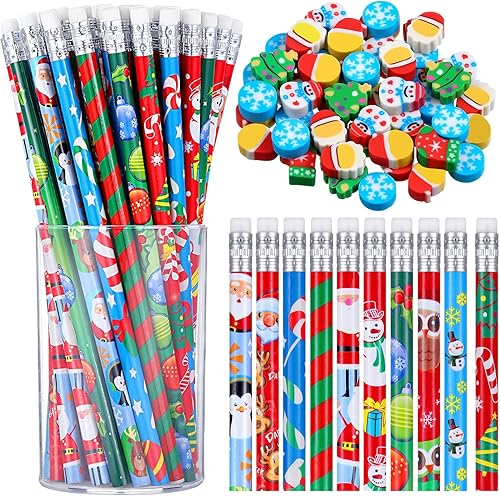 101 lápices de madera de Navidad, lápices de Navidad, recuerdos de fiesta para niños y pequeños borradores de Navidad, borradores novedosos para
