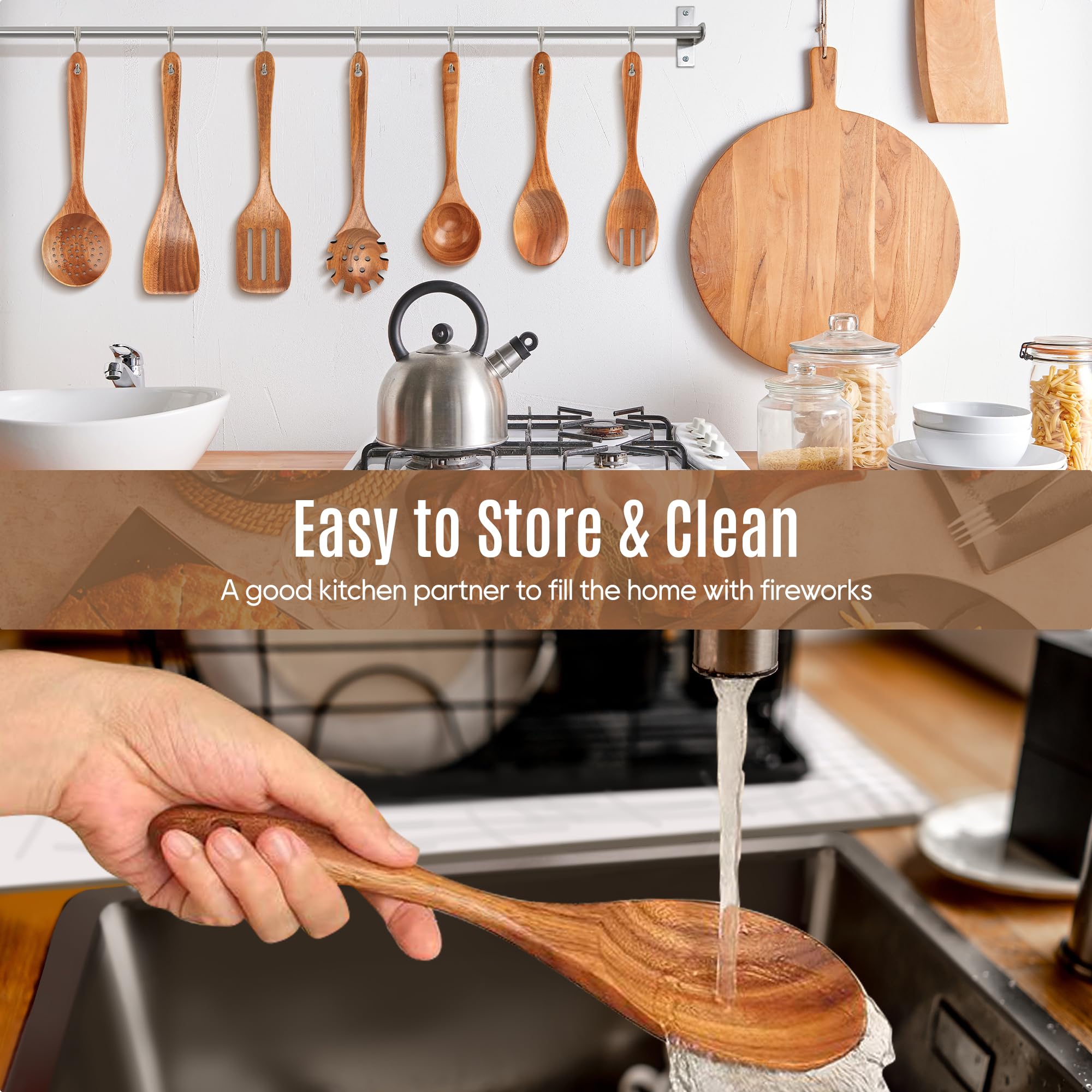 Juego de 7 cucharas de madera para cocinar, utensilios de cocina de teca natural, superficie lisa antiadherente, utensilios de madera de agarre suave y cómodo para cocinar