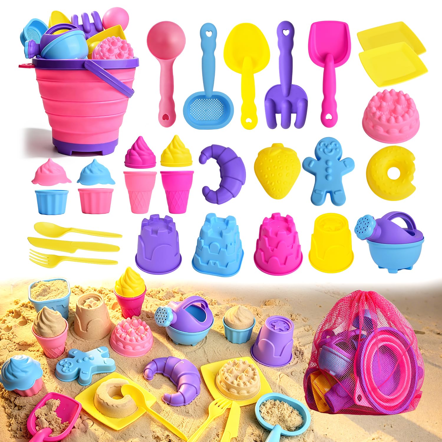 Ice Cream Beach Toys,Sand Toys with Collapsible Bucket and Spade Beach Set Kids with Shovel Tool Kits Storage Mesh Bag,Travel Beach Toys for Toddler Boys Girls