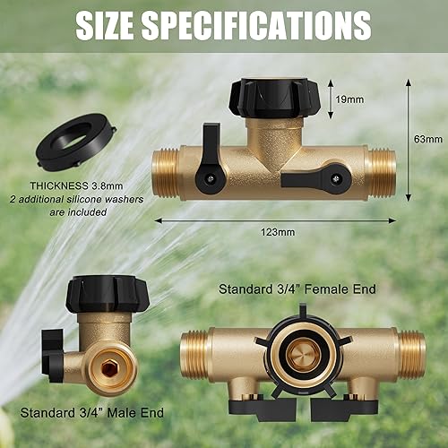 Miniatura 2 de Divisor de manguera de jardín, metal resistente tipo T de 180 grados con válvulas de cierre, conectores de grifo de espita de alto flujo de 34