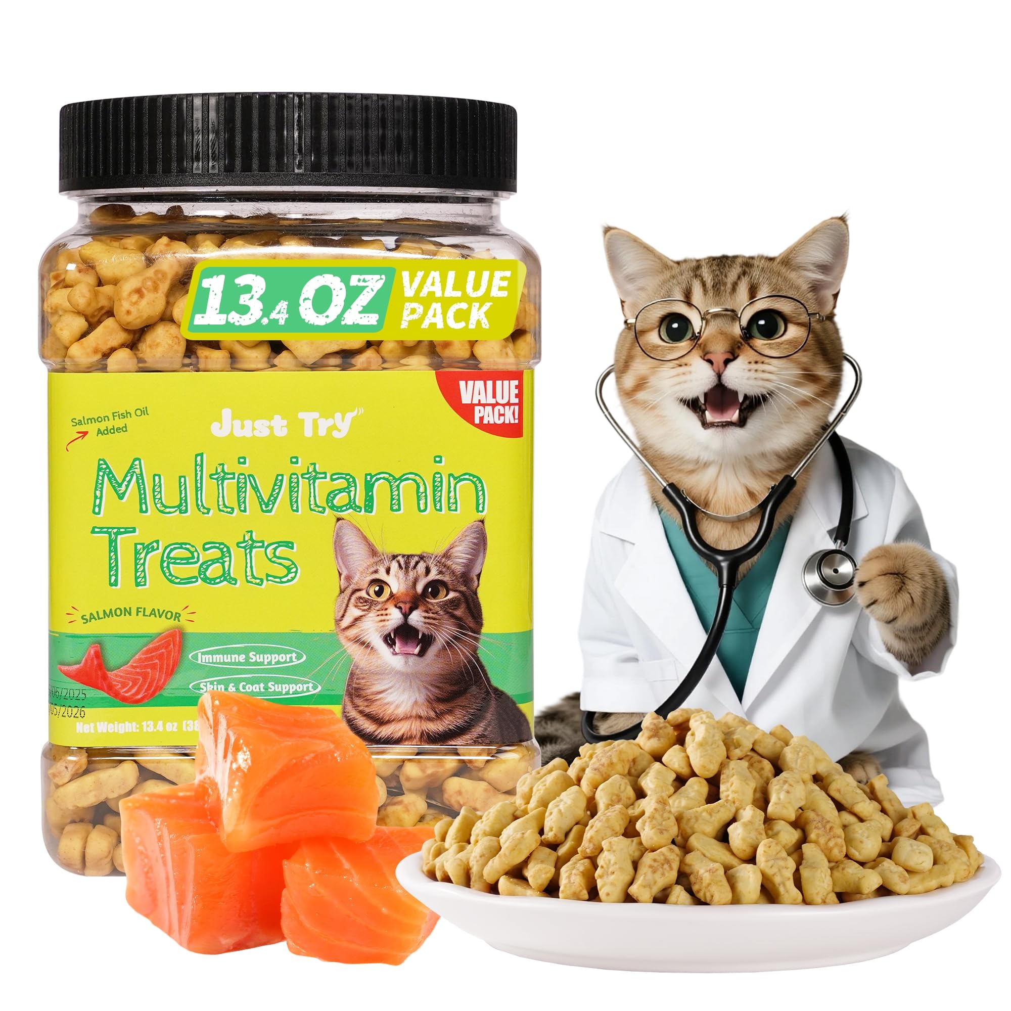 Just Try 13.4 OZ Cat Multivitamin Crunchy Chews Treats for Health and Immune Cat Joint Support Skin & Coat & Digestion Vitamins Supplements Biscuits