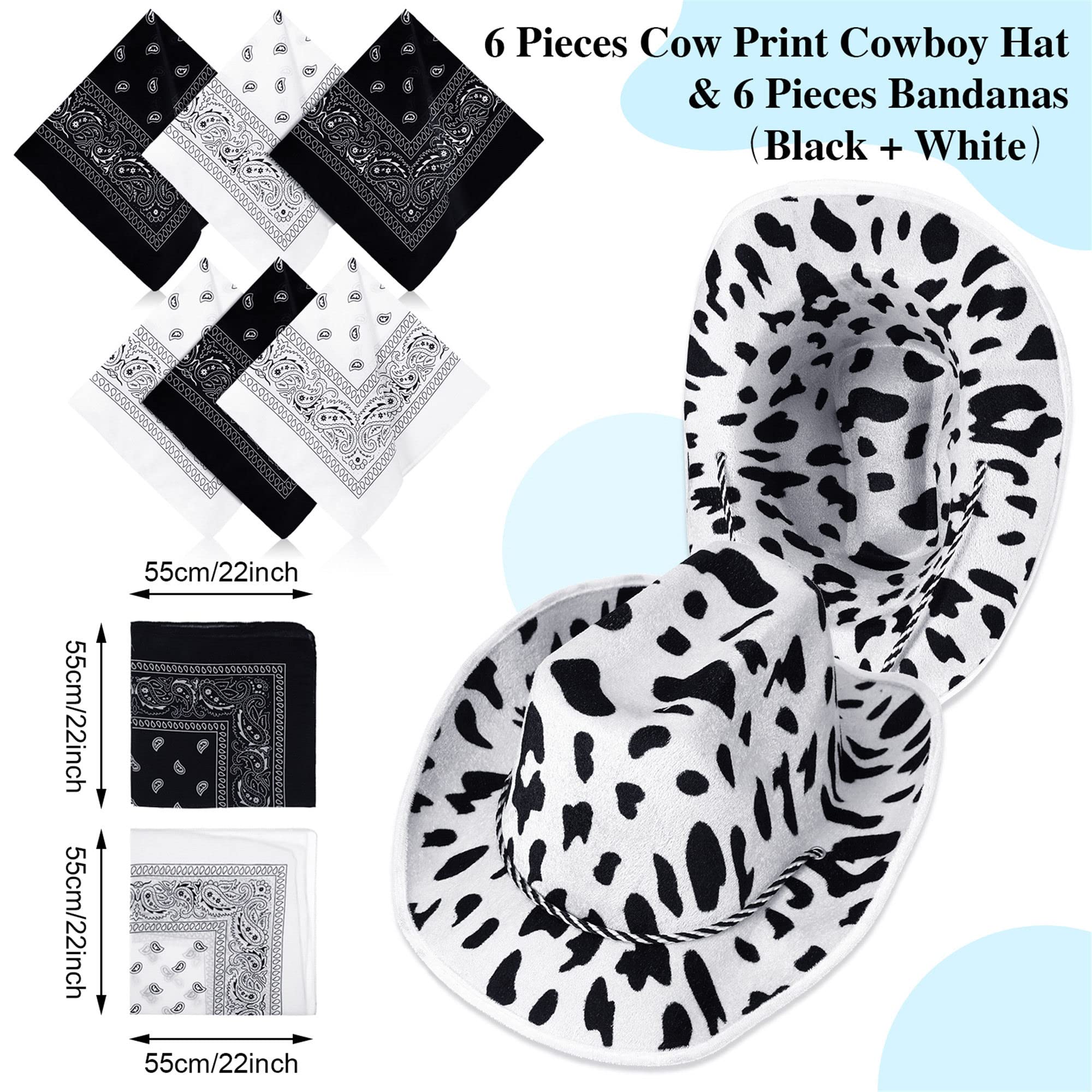 Zhanmai 12 Pieces Cow Print Cowboy Hat and Bandana Set Black and White for Western Parties Bachelorette Parties Country Dances Team Events and Halloween
