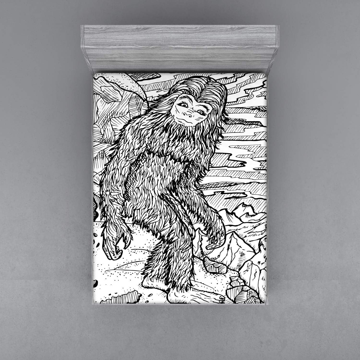 Ambesonne Bigfoot Fitted Sheet, Mythical Creature Snowman on The Hills Leaving Footprints Behind Him, Soft Decorative Fabric Bedding All-Round Elastic Pocket, Queen Size, Black Print