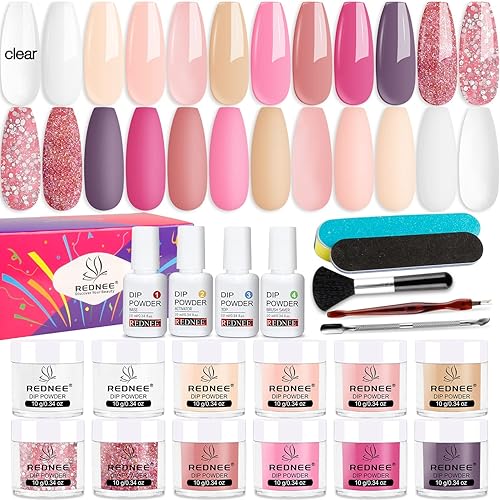 REDNEE Juego de 21 polvos de inmersión para uñas, 12 colores, blanco y rosa, todo en uno, con activador esencial de capa superiorbase y herramientas