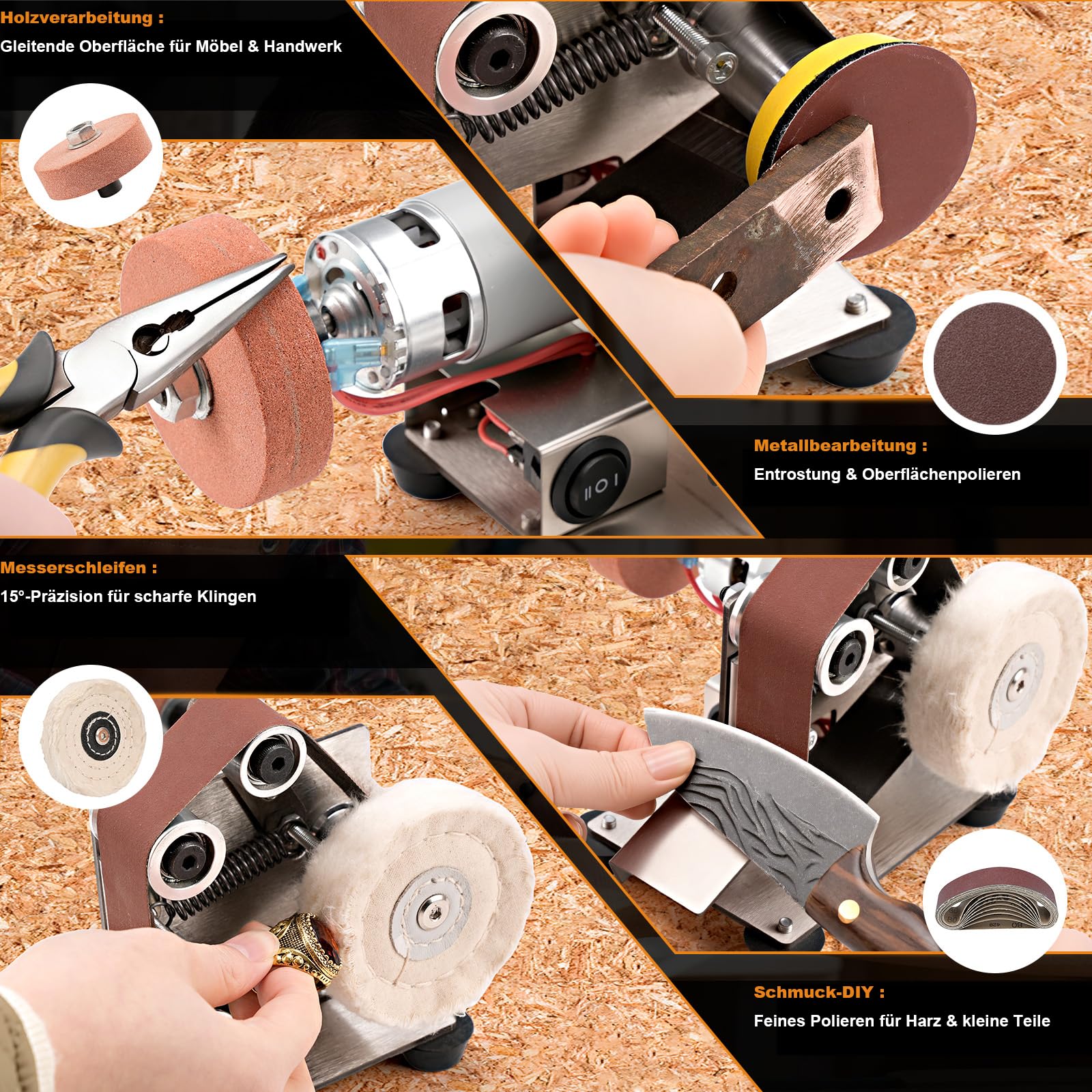 Mini-Bandschleifer-Set – 3-in-1, Geräuscharm, 7-stufige Geschwindigkeitsregelung | Schleifen & Polieren für DIY, Holz & Metall(100 x 120 x 130 mm)