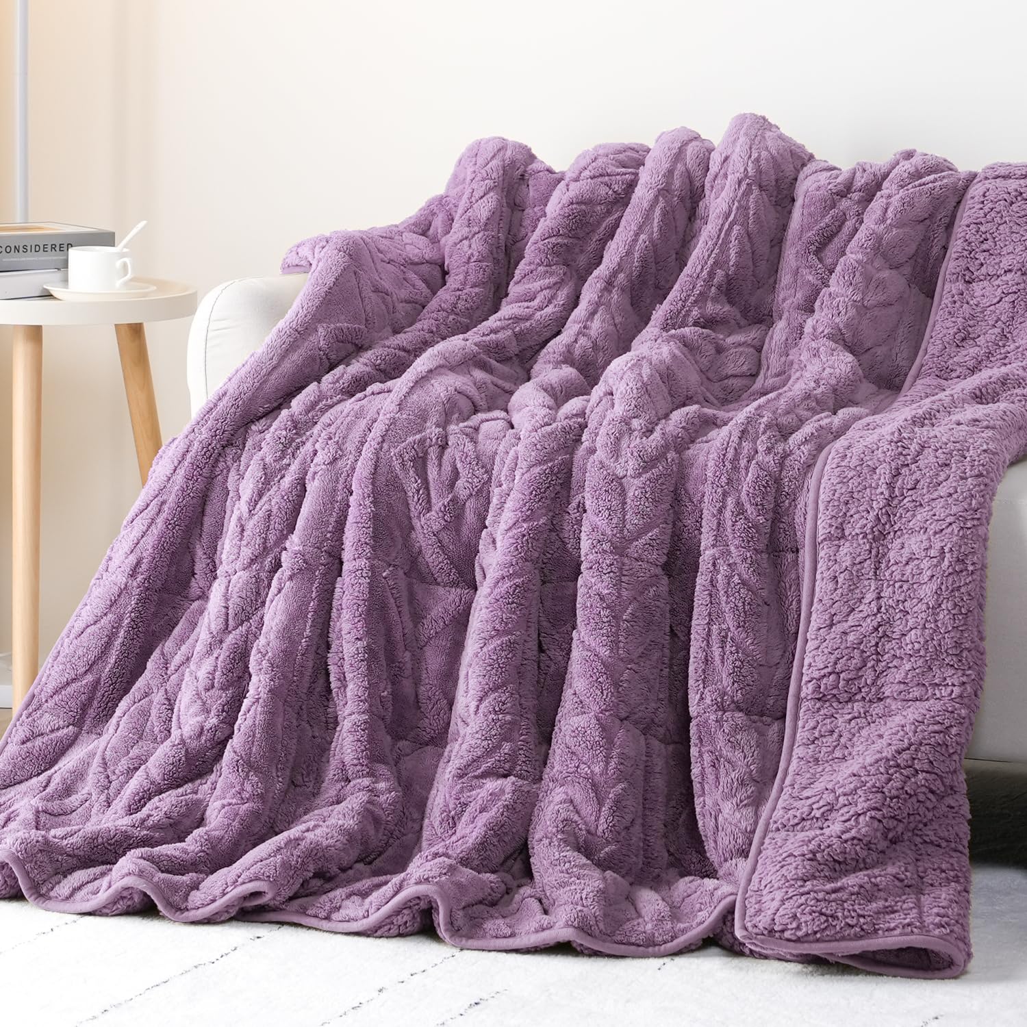 Cottonblue Jacquard Weighted Blanket for Adults Queen Size 20 lbs 60x80 in | Soft Fuzzy Sherpa Fleece Weighted Throw Blankets for Calm Relax Sleep, Cozy Warm Bed Sofa Heavy Blanket, Glass Beads, Purple