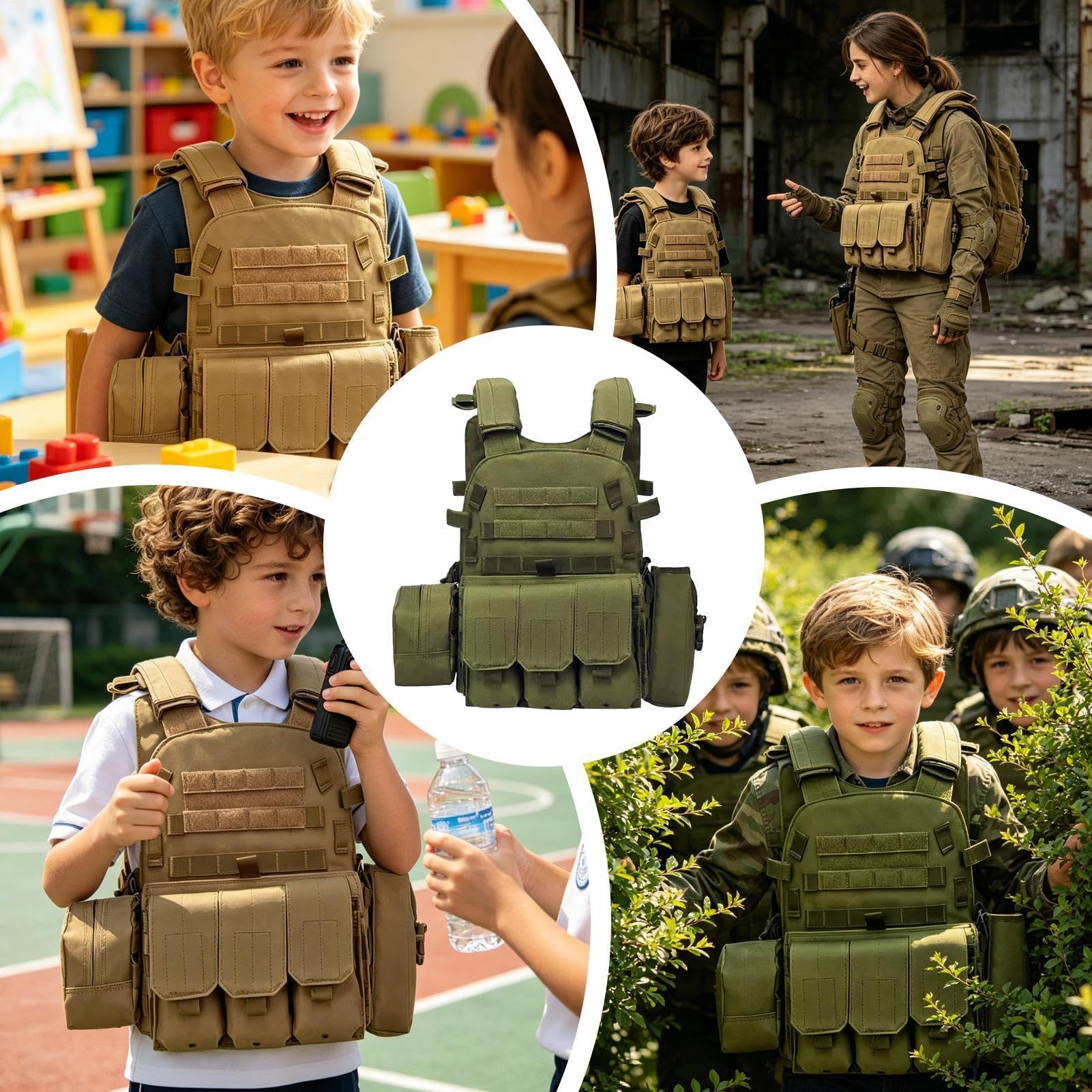 Generisch Jugend-Airsoft-Weste – 45 cm x 35 cm, verstellbares Schutz-Brustgestell, Design mit mehreren Aufbewahrungstaschen, 500 g Gewicht, langlebiges Oxford-Fasergewebe für Paintball-Cosplay-Spiele