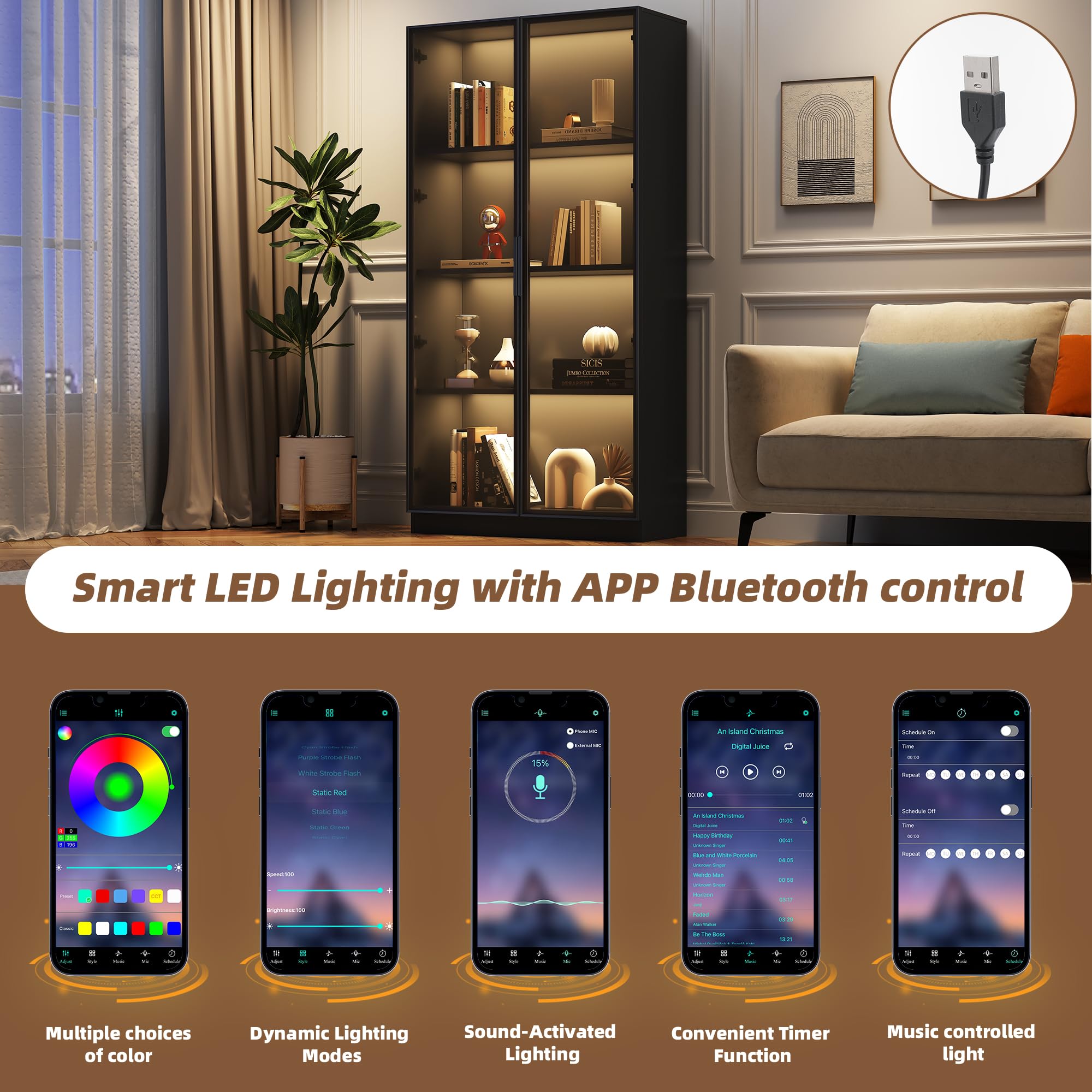 Glasvitrine mit APP LED Beleuchtung 80x40x160cm | Doppeltürige Standvitrine Schwarz | Wohnzimmer Vitrinenschrank | Verstellbare Böden | Smart Home Deko (Black-B)