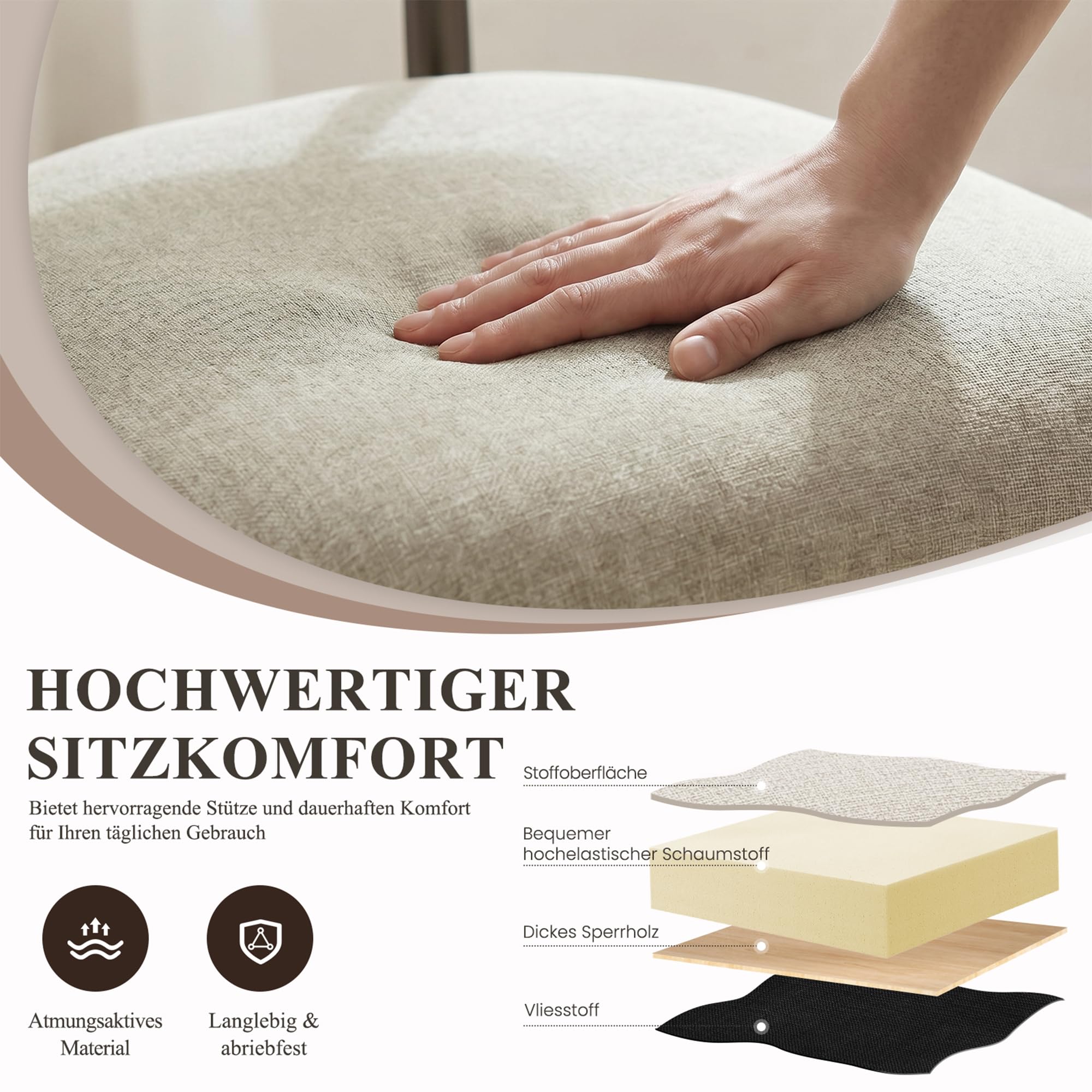 MALOL Esszimmerstühle 4er Set, Gepolsterte Stühle Esszimmer, Küchenstühle, Esstisch Stühle mit geschwungener Rückenlehne & Metallfüßen, moderne Stoffstühle für Küche, Wohnzimmer und Gastronomie, Kamel