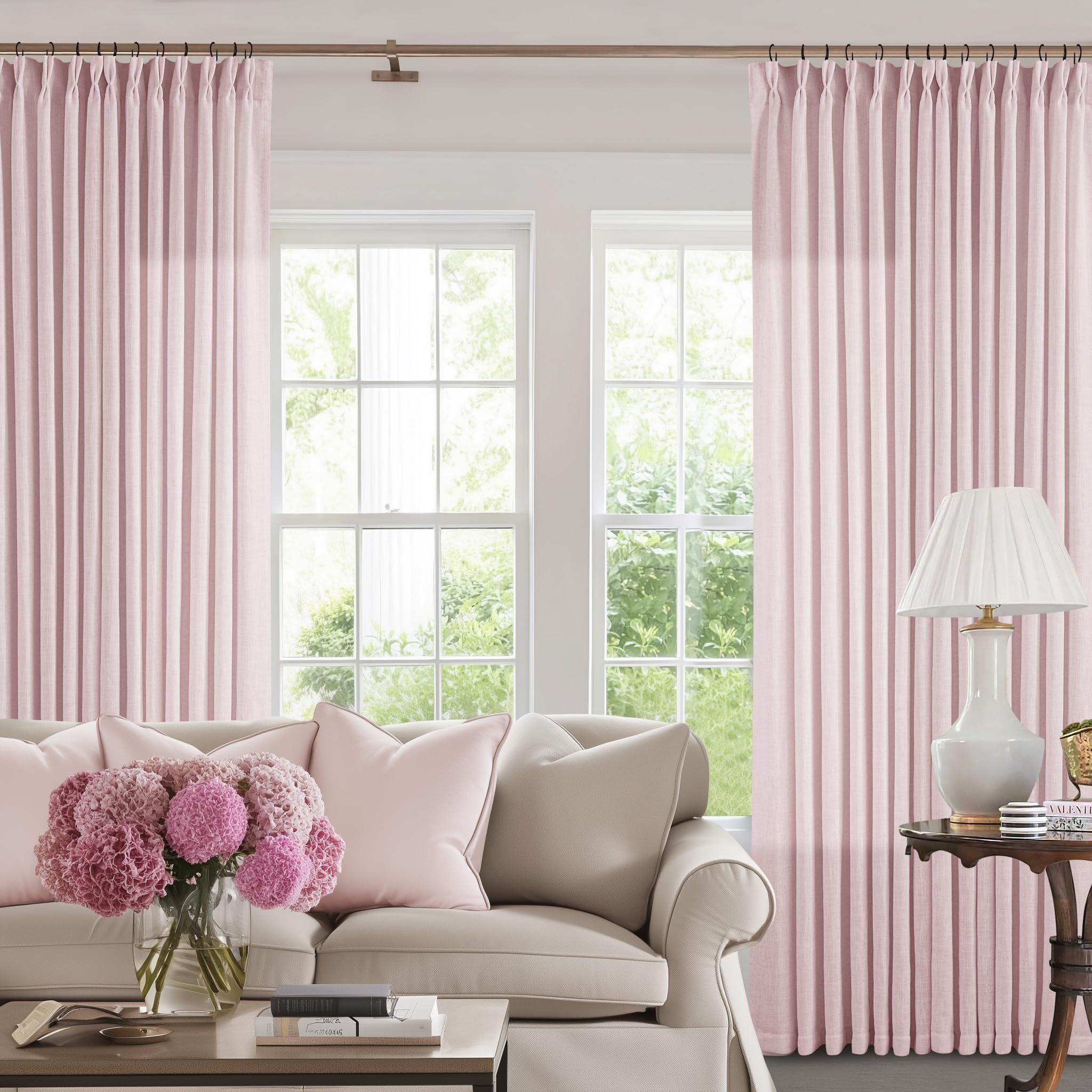 Light Pink Linen Pinch Pleat Curtains 108 Inch Length 2 Panels Set 40x108