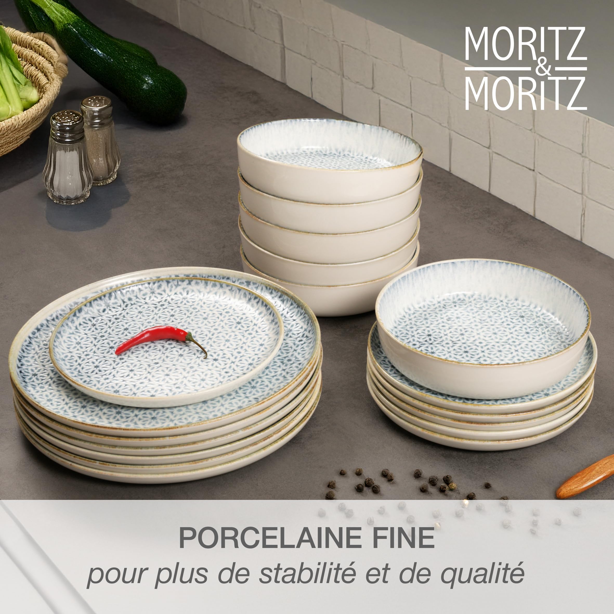 Moritz & Moritz ALHAMBRA Service de table 6 personnes 18 pièces en porcelaine de haute qualité - Service de table moderne en bleu - Ensemble de vaisselle facile à entretenir avec 6 assiettes plates, 6