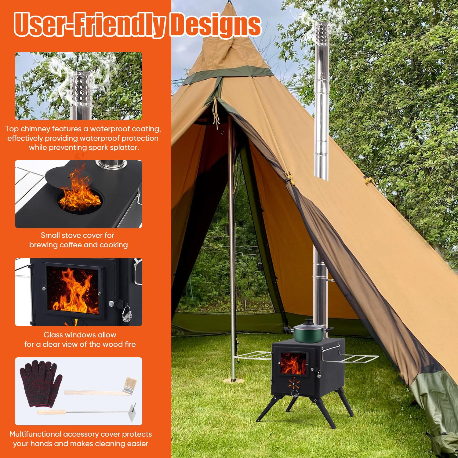 Estufa de tienda de campaña, estufa de leña portátil para acampar al aire libre con tubos de chimenea y guantes de acero inoxidable, estufa de leña para cocinar, calefacción, camping, tienda