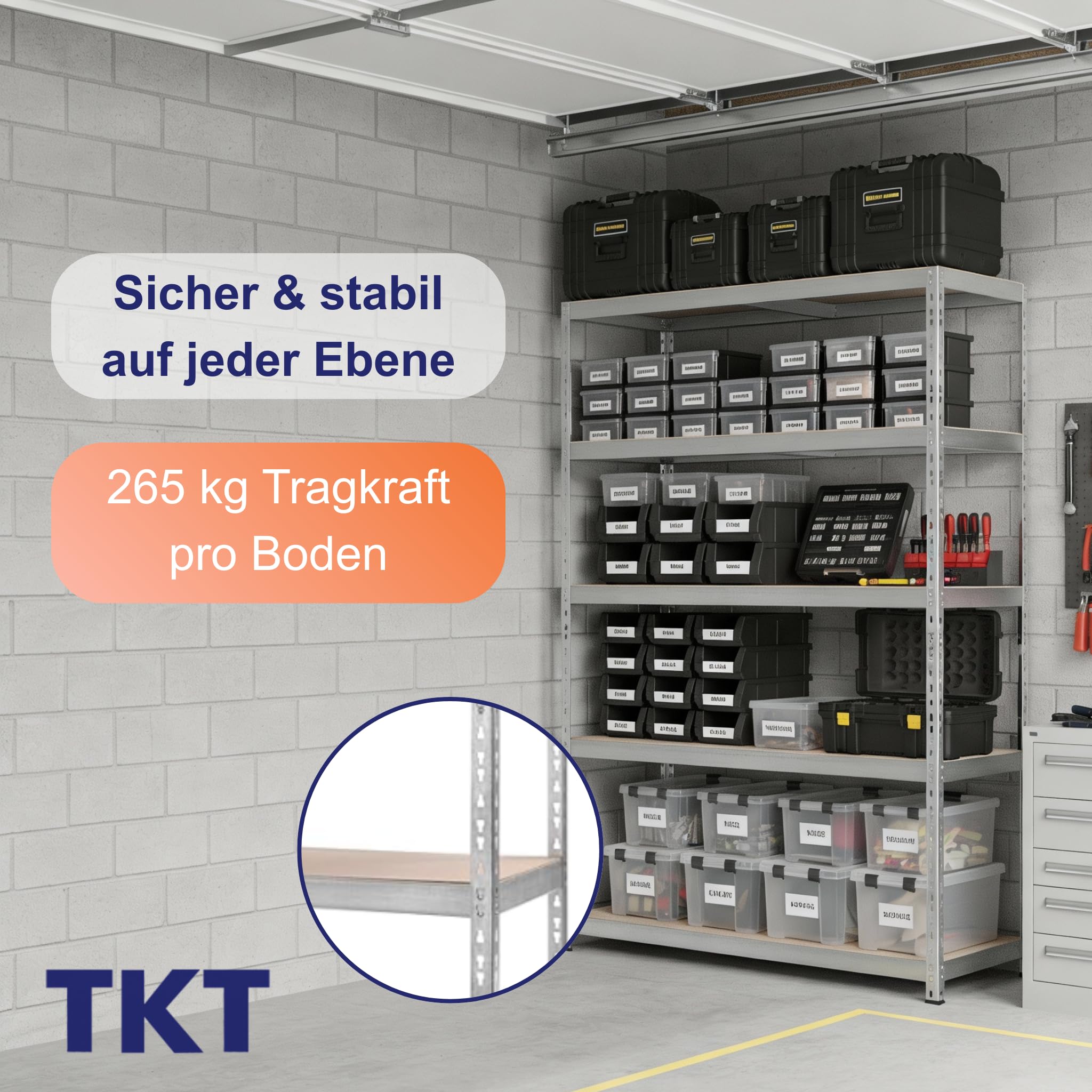 TKT – Work System Steckregal mit Holzböden & Unterzug 180x92x46cm - Verzinktes Regal mit 265kg Tragkraft pro Boden. Schwerlastregal mit 5 Böden für Werkstatt, Wohn- & Kellerraum