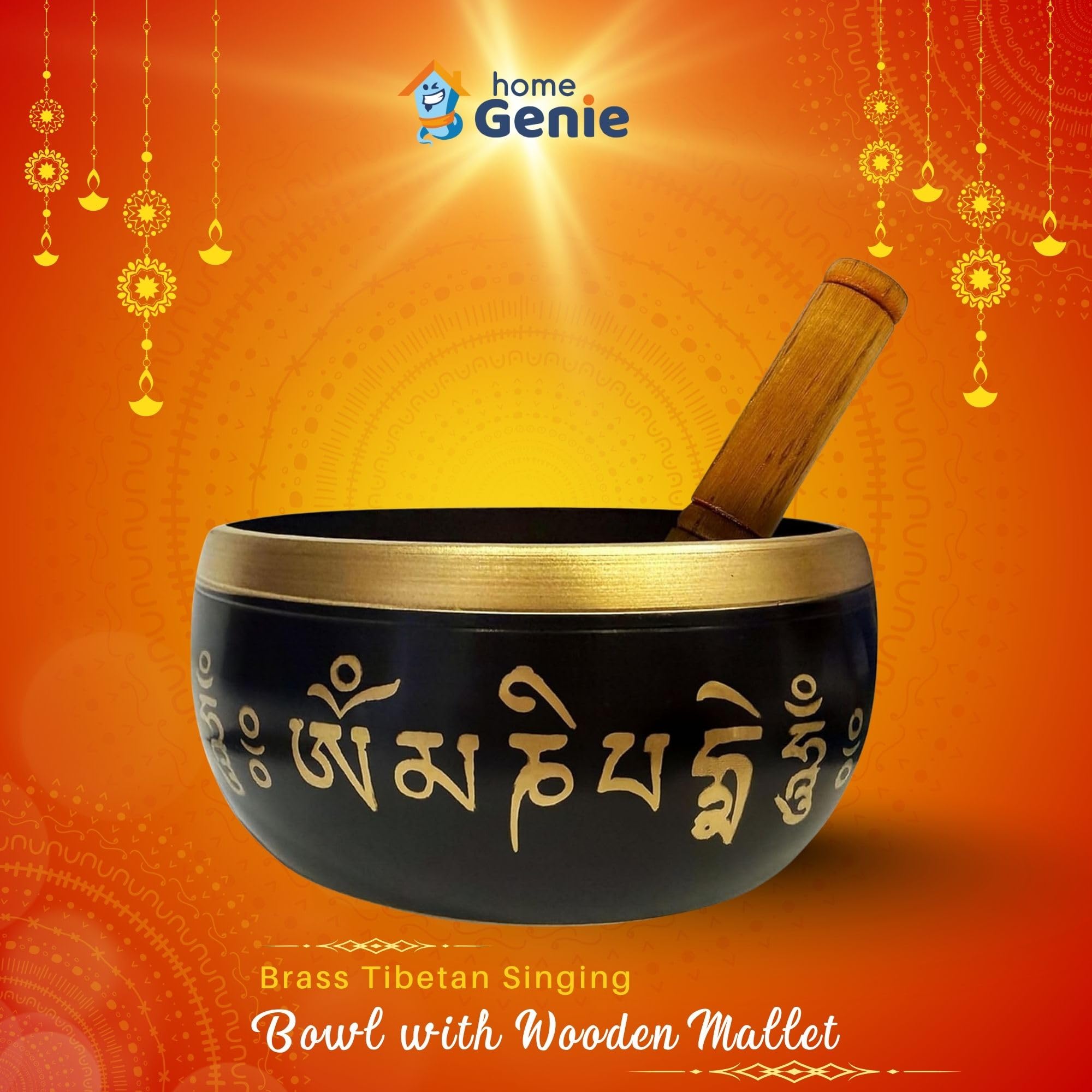 HOME GENIE Brass Tibetan Singing Bowl with Wooden Mallet, Black, M(10X10cm) - Image 2