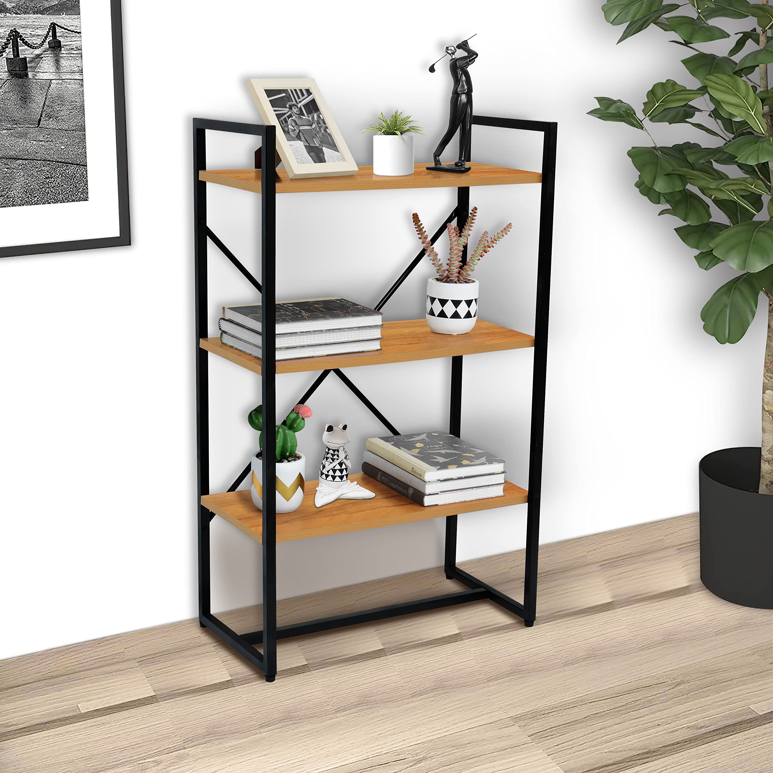 ABOUT SPACE 3-Tier Book Shelf (3.5 ft) -Multipurpose Wooden Utility Rack with Metal Frame & Adjustable Bush-DIY Shelf Storage Organizer Stand for Kitchen, Office, Bedroom, Living Room (L60xB30xH105cm)