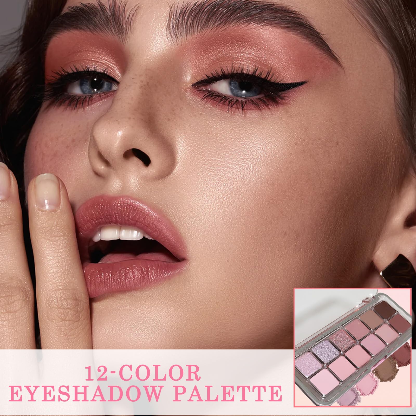 12 Colors Pink Eyeshadow Palette, Matte & Shimmer Nude Eye Shadow Makeup Kit - Image 2