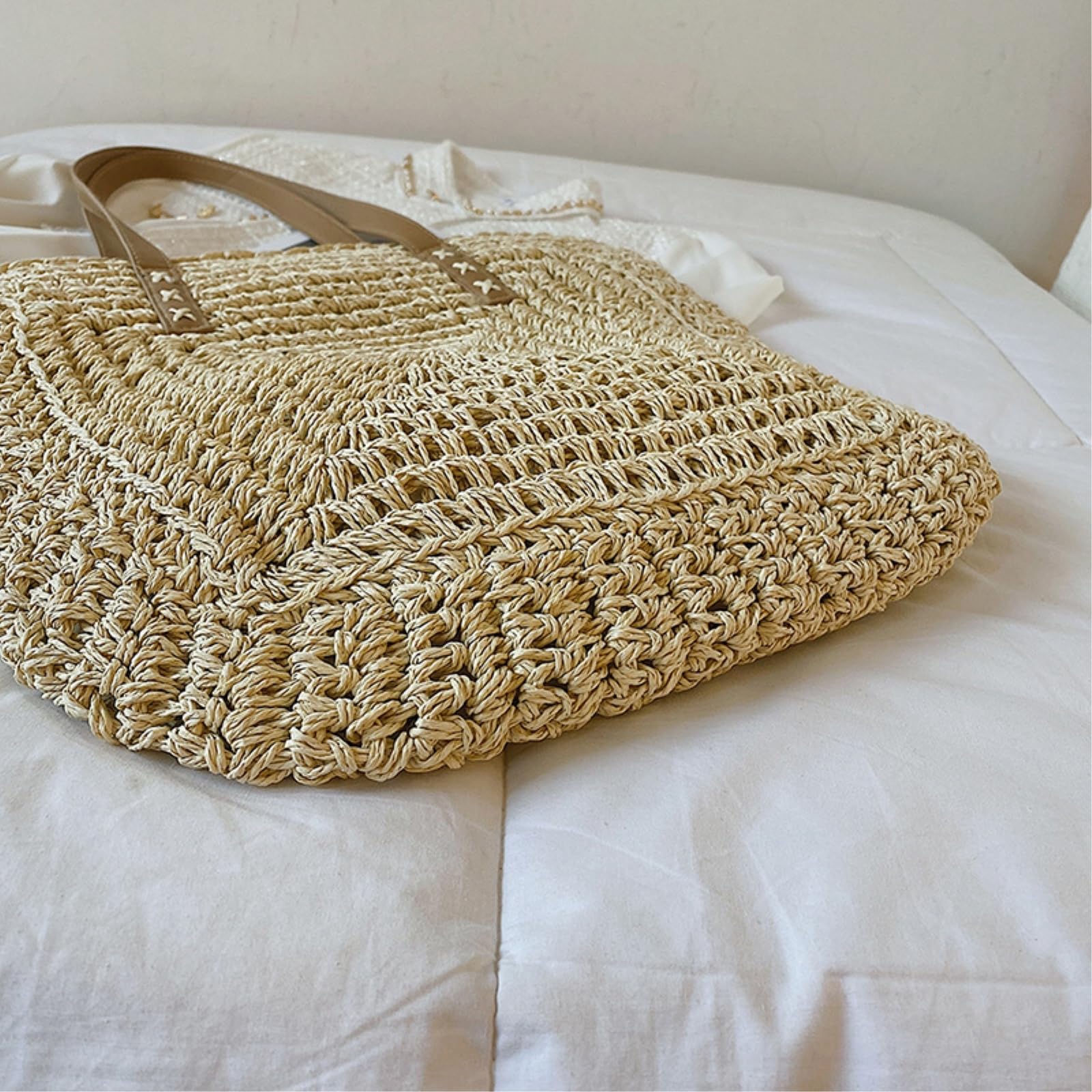Strohtasche Damen Handgewebte Stroh Strandtasche, Große Kapazität Schultertasche, Frauen Reise Einkaufstasche-Khaki