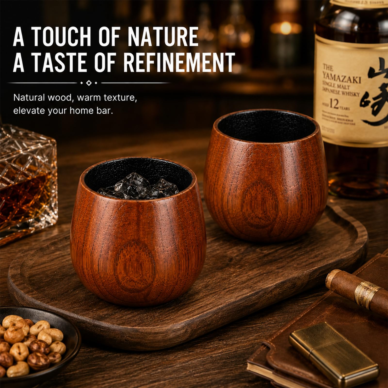 Verre à Whisky en Bois, Lot de 2 Verres à Dégustation Old Fashioned avec Intérieur Carbonisé pour Adoucir le Goût, Verre à Bourbon et Rhum, Design Évasé pour Amplifier les Arômes