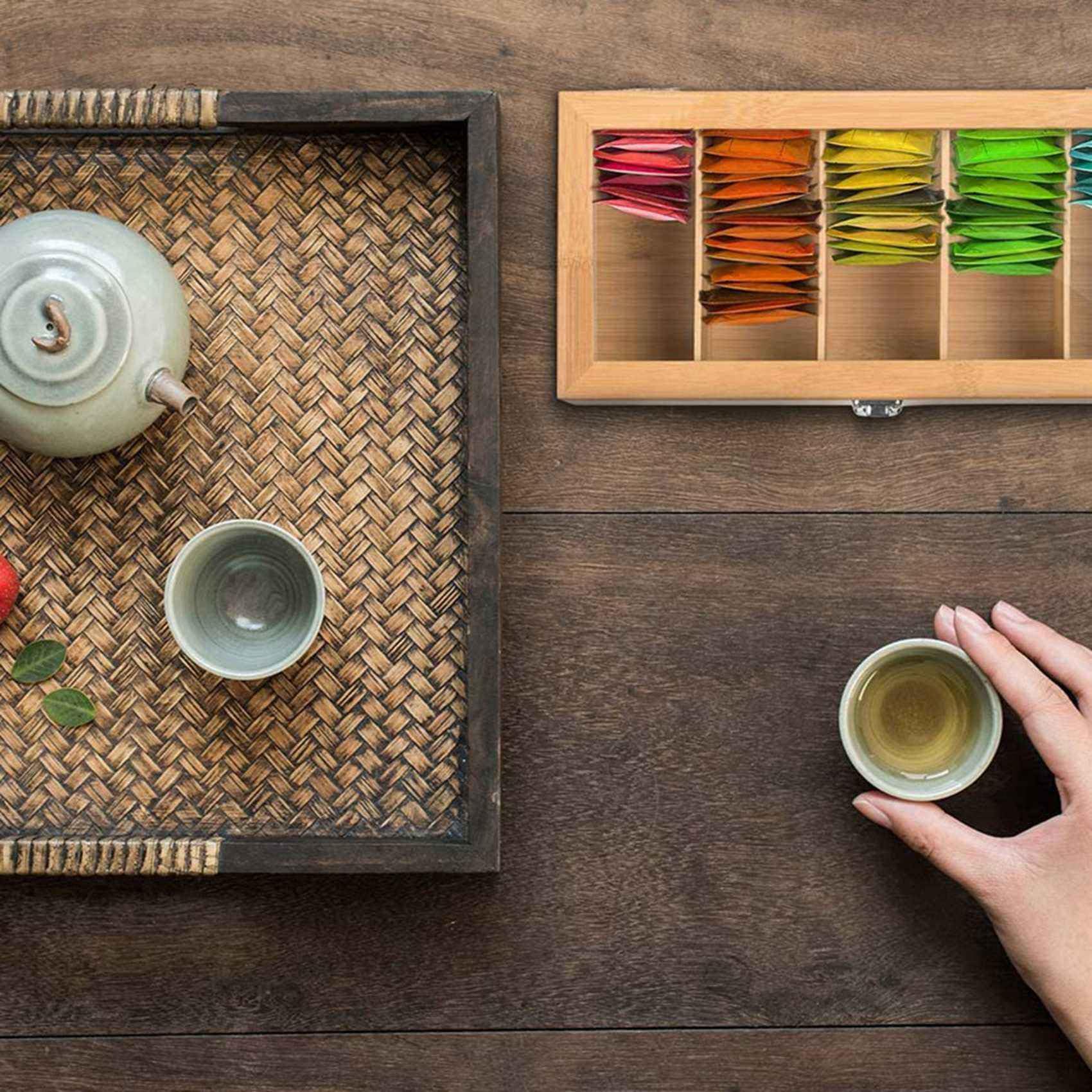 3X de Bambú Multifuncional Bolsa de Té Organizador de Joyas Caja de Almacenamiento 5 Compartimentos Caja de Té Organizador Contenedor de AzúCar