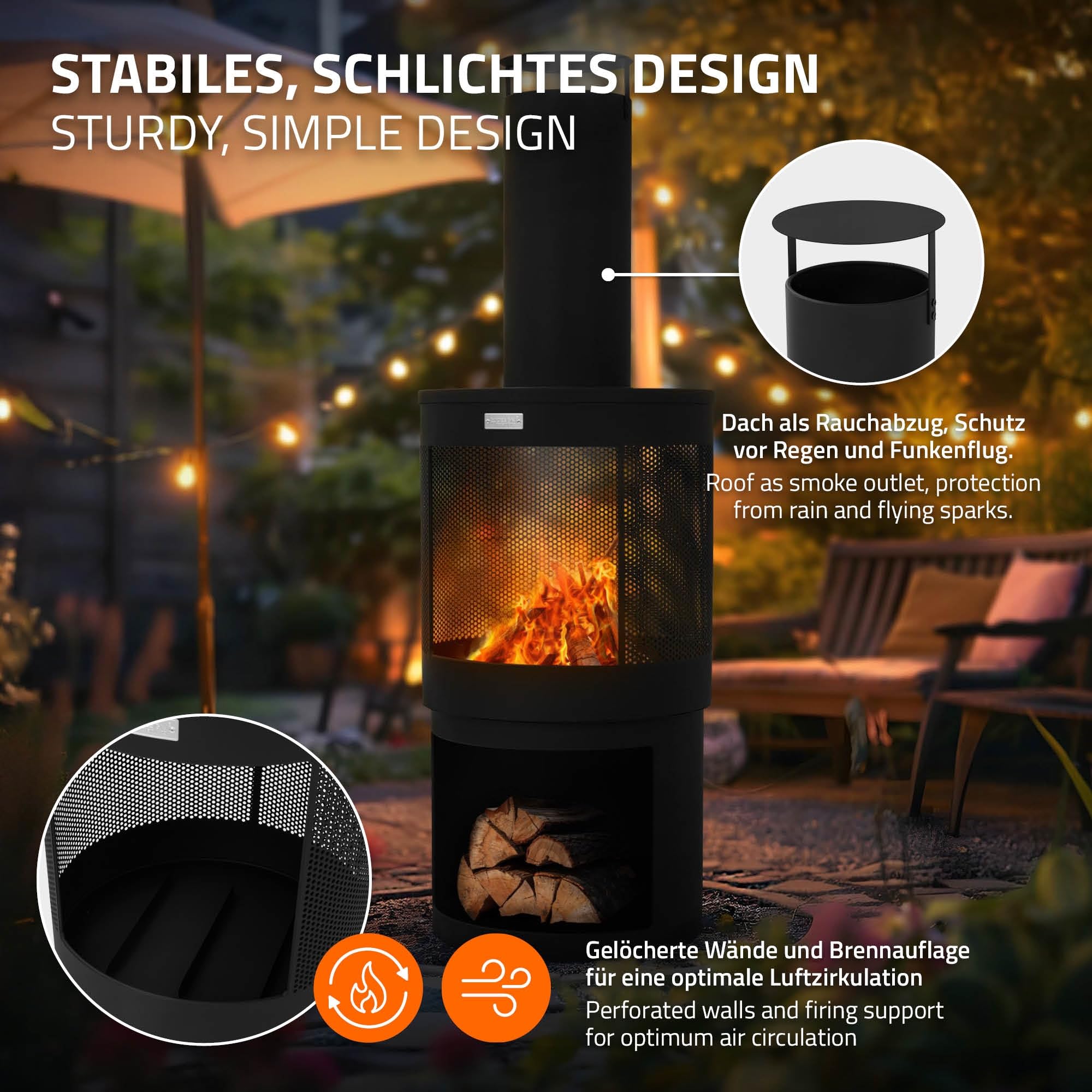 ML-Design Foyer de Jardin avec Cheminée, 131x45 cm, Rond, Noir, en Acier, Poêle de Terrasse Extérieur avec Tisonnier, Toit Amovible & Support à Bois, Brasero en Forme de Coupe/Panier à Feu Camping
