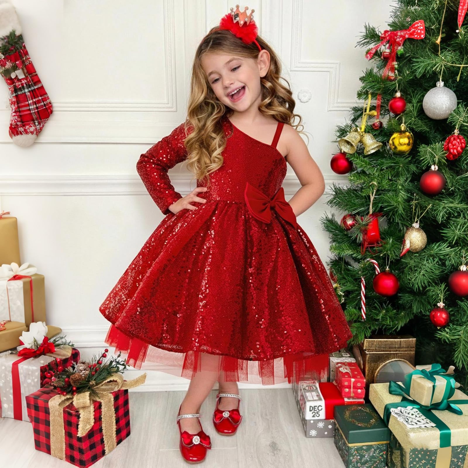 Generico Vestito Natale Bambina Abito da Festa Asimmetrico con Spalle Scoperte e Maniche Lunghe per Ragazze, con Elegante Orlo A Balze, per Eventi Festivi