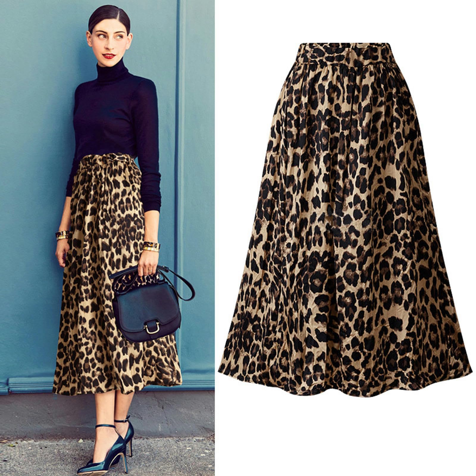 Gonna Donna Gonna Midi da Donna Taglie Forti - Gonna Lunga in Velluto Dorato A Trapezio con Stampa Leopardata per Autunno E Inverno-Leopardo-s