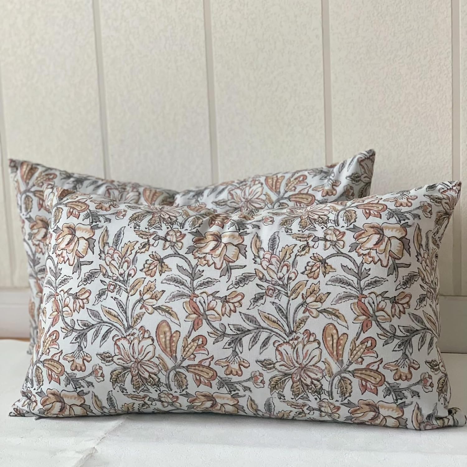 Floral Lumbar Pillow Covers 12x20 Vintage Block Print Pillow Covers Farmhouse Decorative Couch Pillows for Sofa, Living Room, Neutral Botanical Accent Cushion Cover(2, Rust Tan Mustard, 12x20)