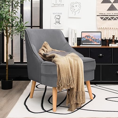 Miniatura 9 de Giantex Silla decorativa de terciopelo, sofá individual de mediados de siglo con patas de madera de goma, cómoda silla pantufla, silla auxiliar