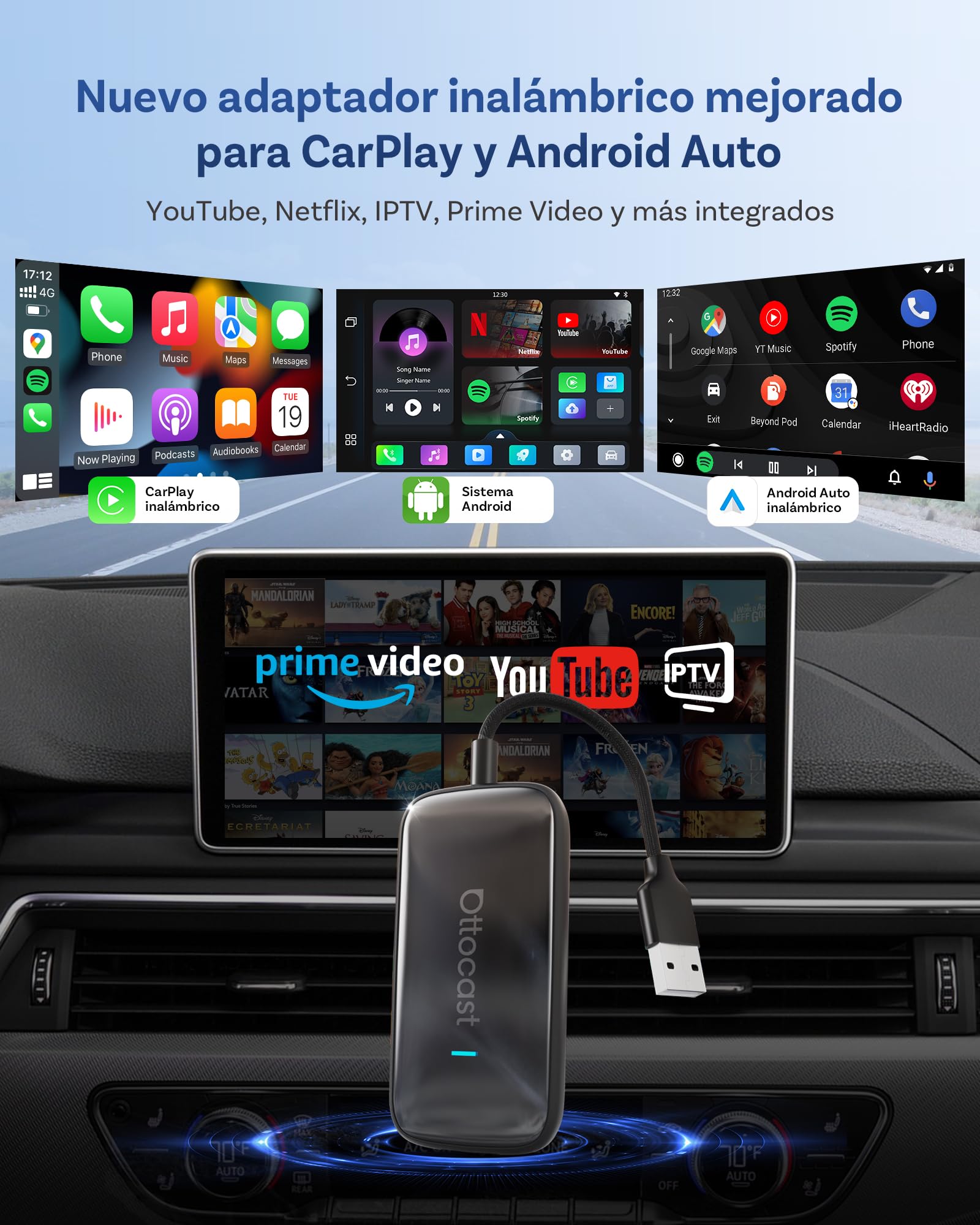 OTTOCAST Play2Video Ultra, Adaptador CarPlay Inalámbrico & Android Auto AI Box con Prime Video Youtube WiFi 6 5G Bluetooth 5.4 Adaptador CarPlay Youtube para la mayoría de Coches 2016+