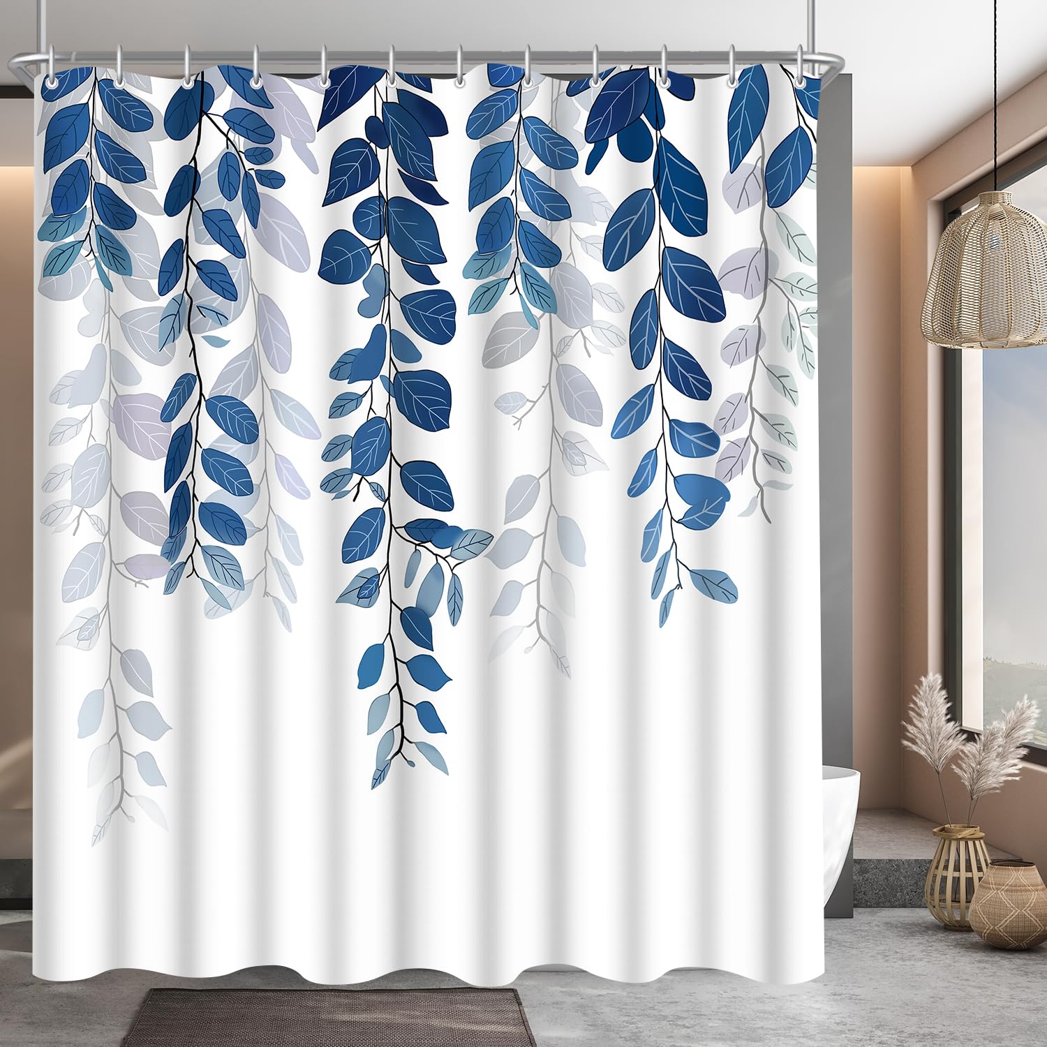 Lerores Shower Curtain, 180 x 200 cm, Blue Leaf, Weighted Hem, Anti-Mould Textile, Water-Repellent