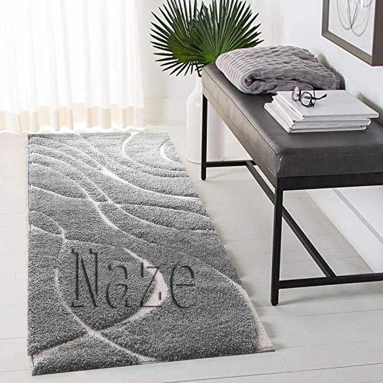 Naze Modern Polyester Anti Slip Shaggy Fluffy Rug and Carpet for Living Room, Bedroom 2x5 feet Grey ivori(W-6)