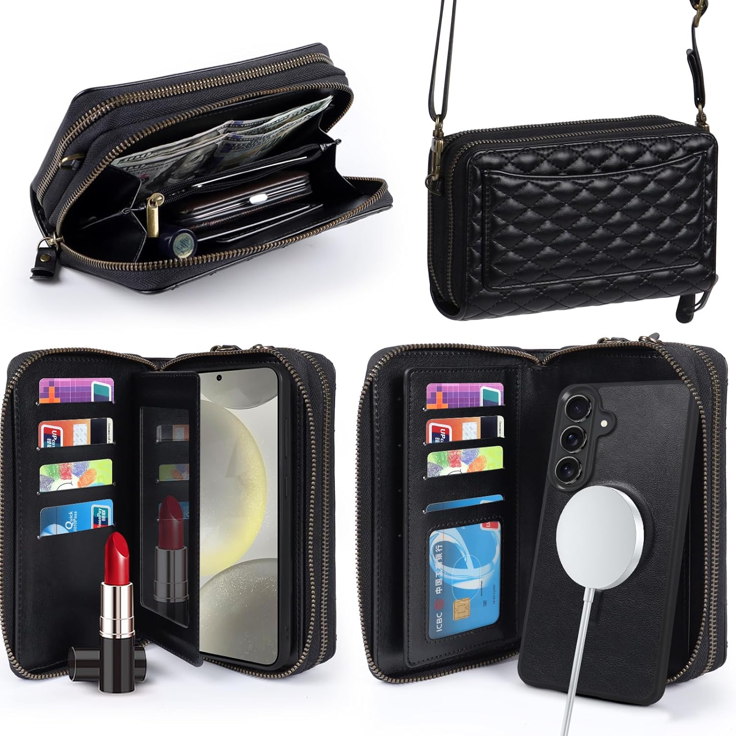 Harryshell Compatible with Samsung Galaxy S26 Case Wallet Multi Zipper Detachable Removable Cover Purse with Card Slots Holder Mirror Crossbody Strap (Compatible with Magsafe - Black)