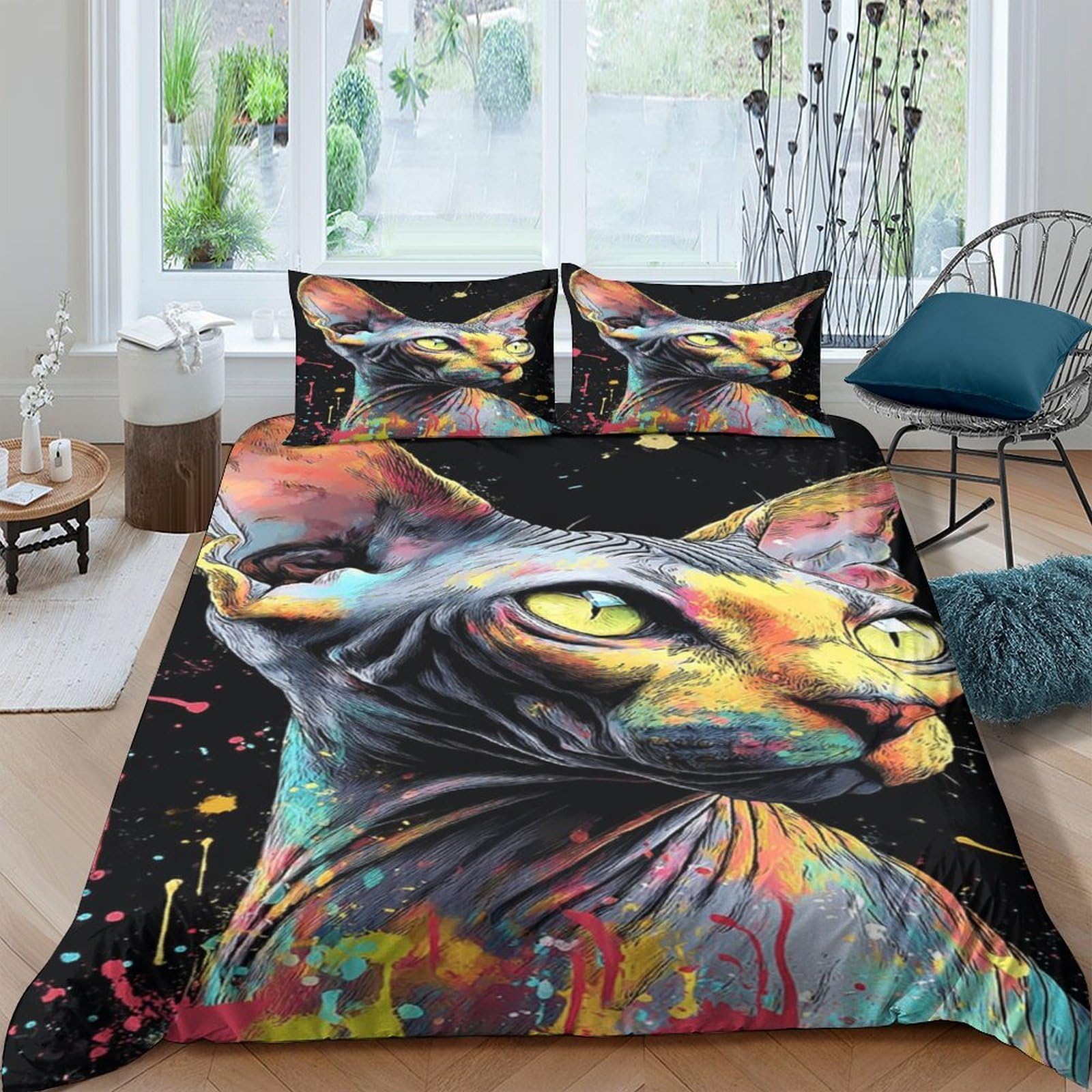 Ctjqhvkz Style-8 3D Printed Colorful Cat Fitted Sheet Microfiber Soft Bedroom Decor Artistic Black Cat Mattress Cover Single（135X200cm）