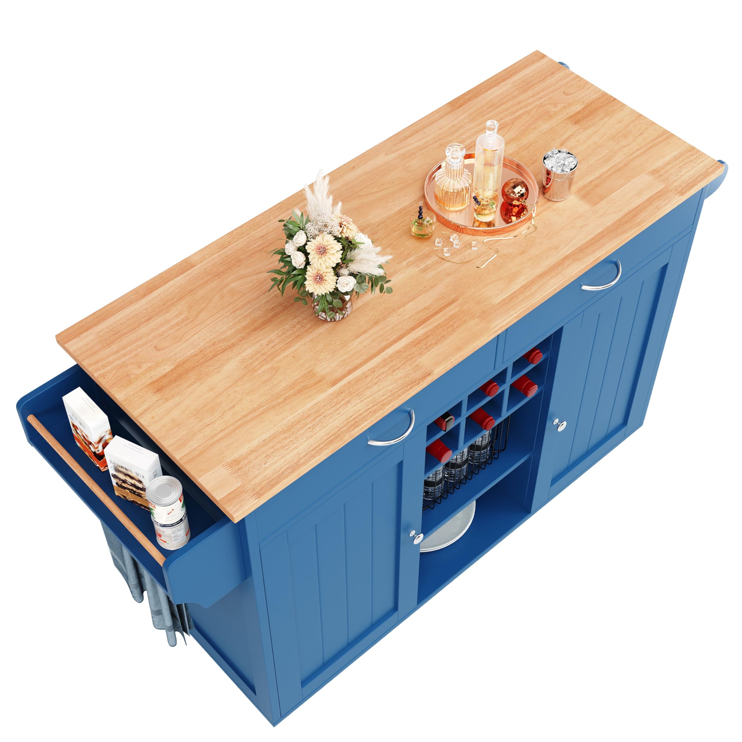 Kücheninsel(102×45×92cm), Küchenschrank, Buffetschrank, Speisewagen mit Holzmaserung, Multifunktionale Esstisch mit Speicherraum, Blau
