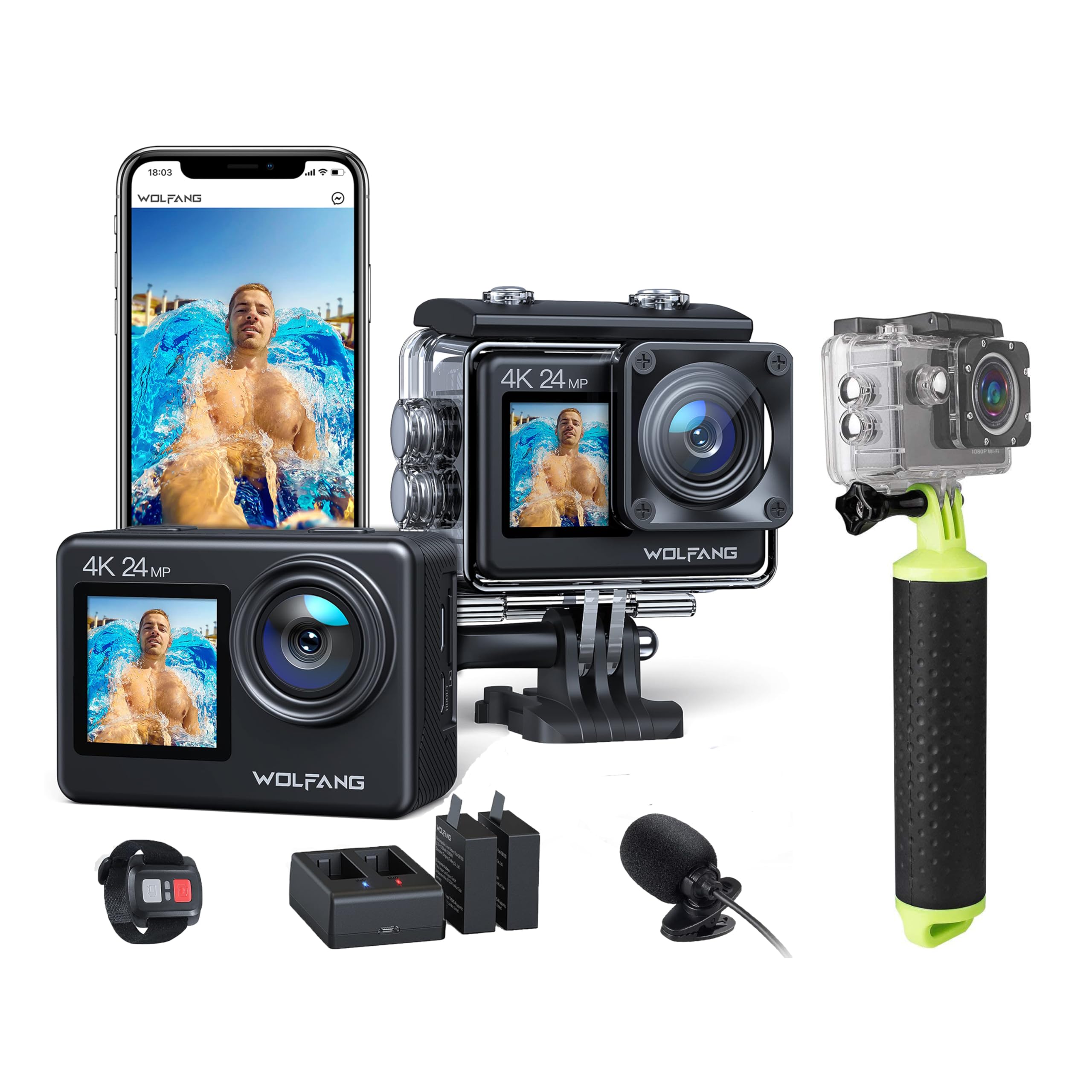 WOLFANG Action Cam GA200 4K30FPS & Schwimmender Griff Set