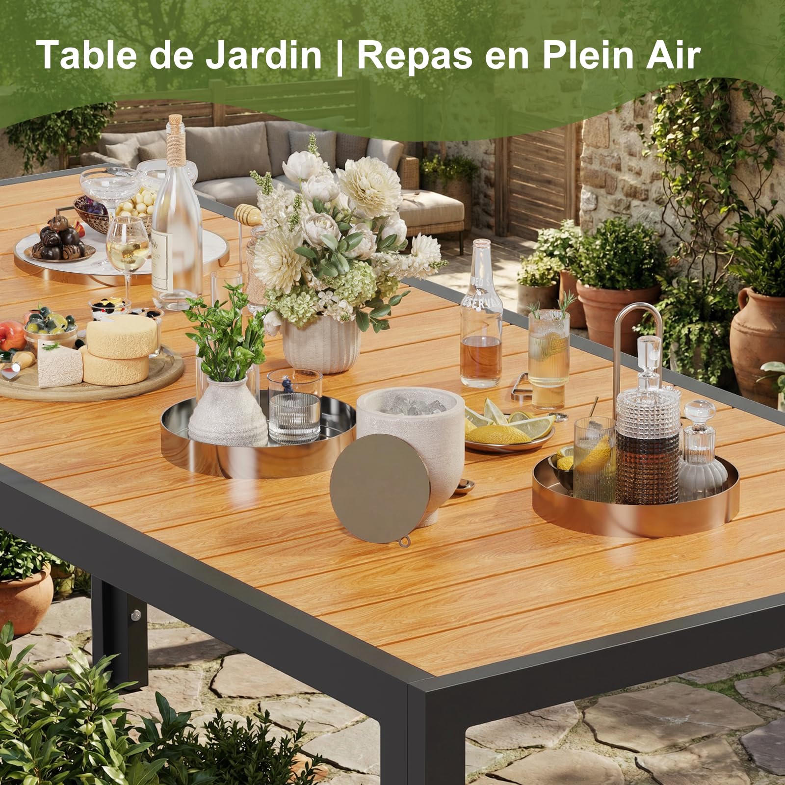 JUMMICO Salon de Jardin Extérieur : 1 Table en Aluminium Imitation Bois + 6 Chaises Longues Pliantes. Solide et Durable. Idéal pour Les Balcons, Les Jardins et Autres Espaces Extérieurs.