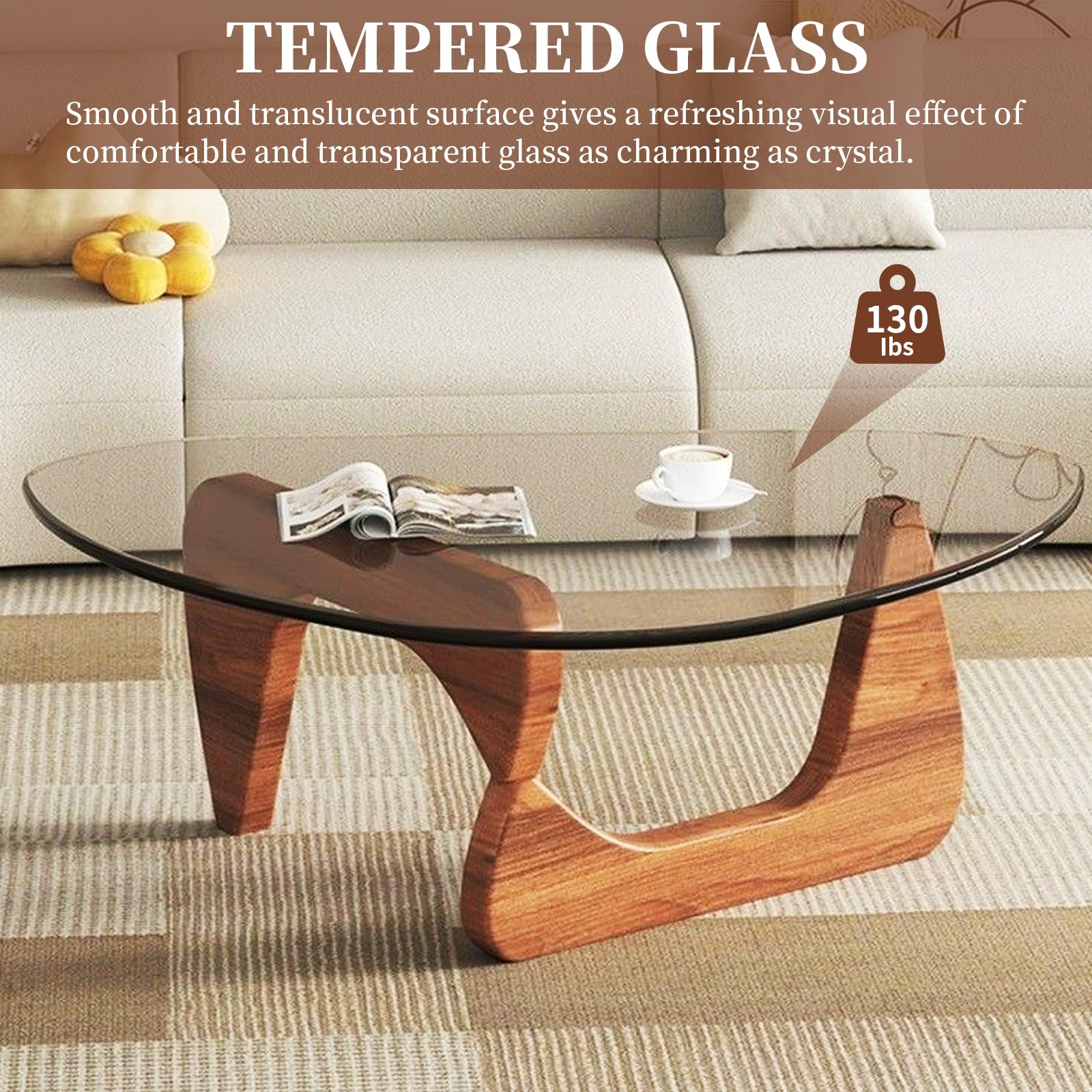 Snapklik.com : Triangle Glass Coffee Table, Mid Century Solid Wood Base ...