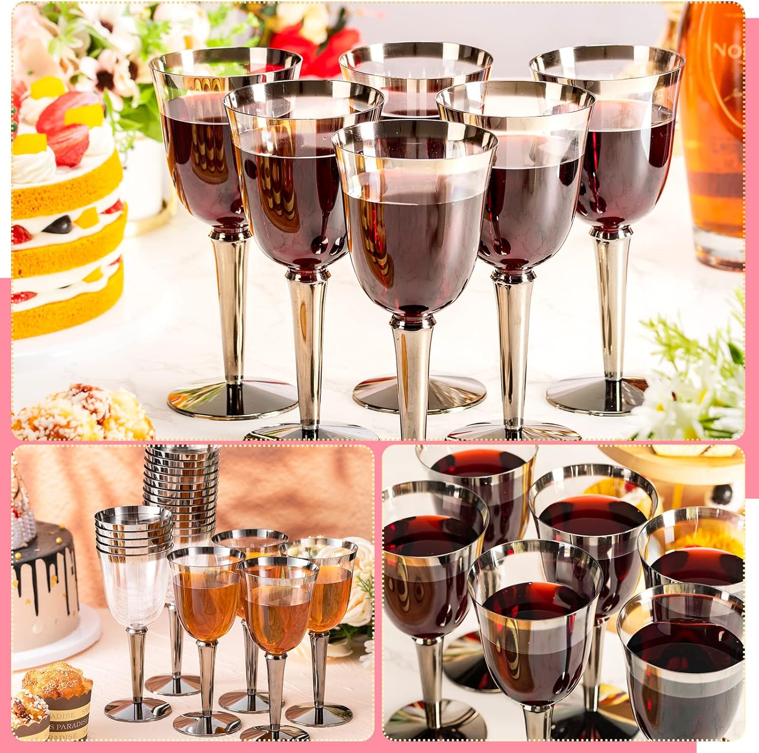 100 Pack Rimmed Disposable Plastic Wine Glasses Bulk 8 Oz Elegant Fancy Wine Cups Stemmed Wine Glasses Clear Cocktail Cups with Long Stem for Party Wedding Anniversary Birthday (Silver) - Image 4