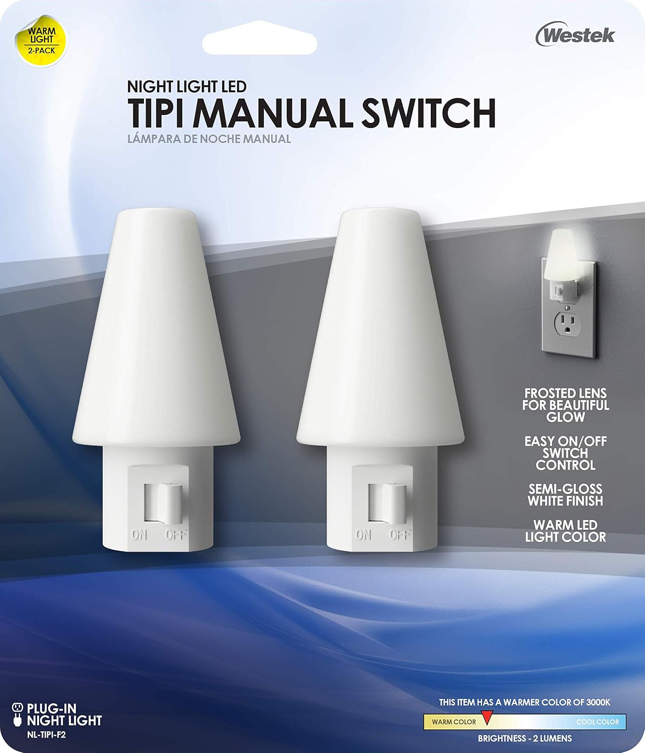 Westek NL-Tipi-F2 Tipi Manual Switch Light (2 Pack), Frosted