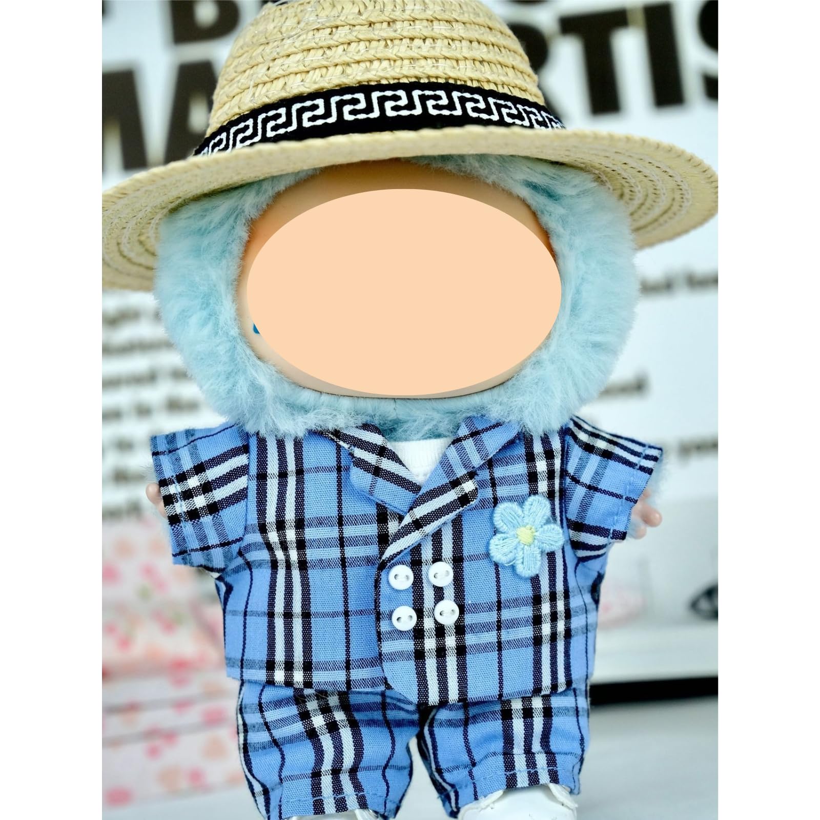 Fit Labubu Doll Suit Outfit Set (No Doll) Includes T-Shirt, Blazer, Pants & Hat for Stylish Collector Displays (Blue Checkered Set)