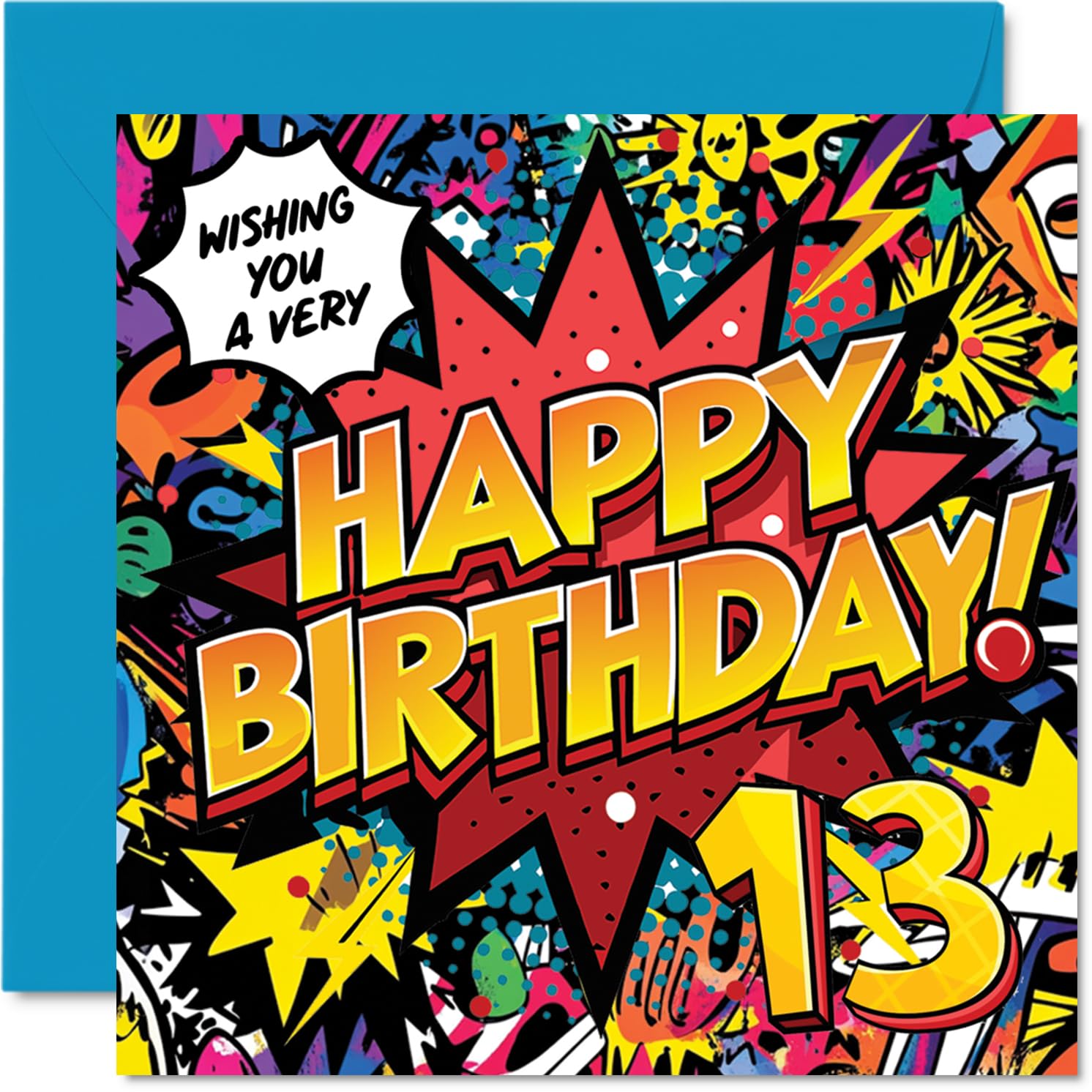 13th Birthday Cards for Boys Girls - Comic Book Pow! - Happy Birthday Card for 13 Year Old Boy Girl Nephew Grandson Daughter Son, 145mm Bday Greeting Cards