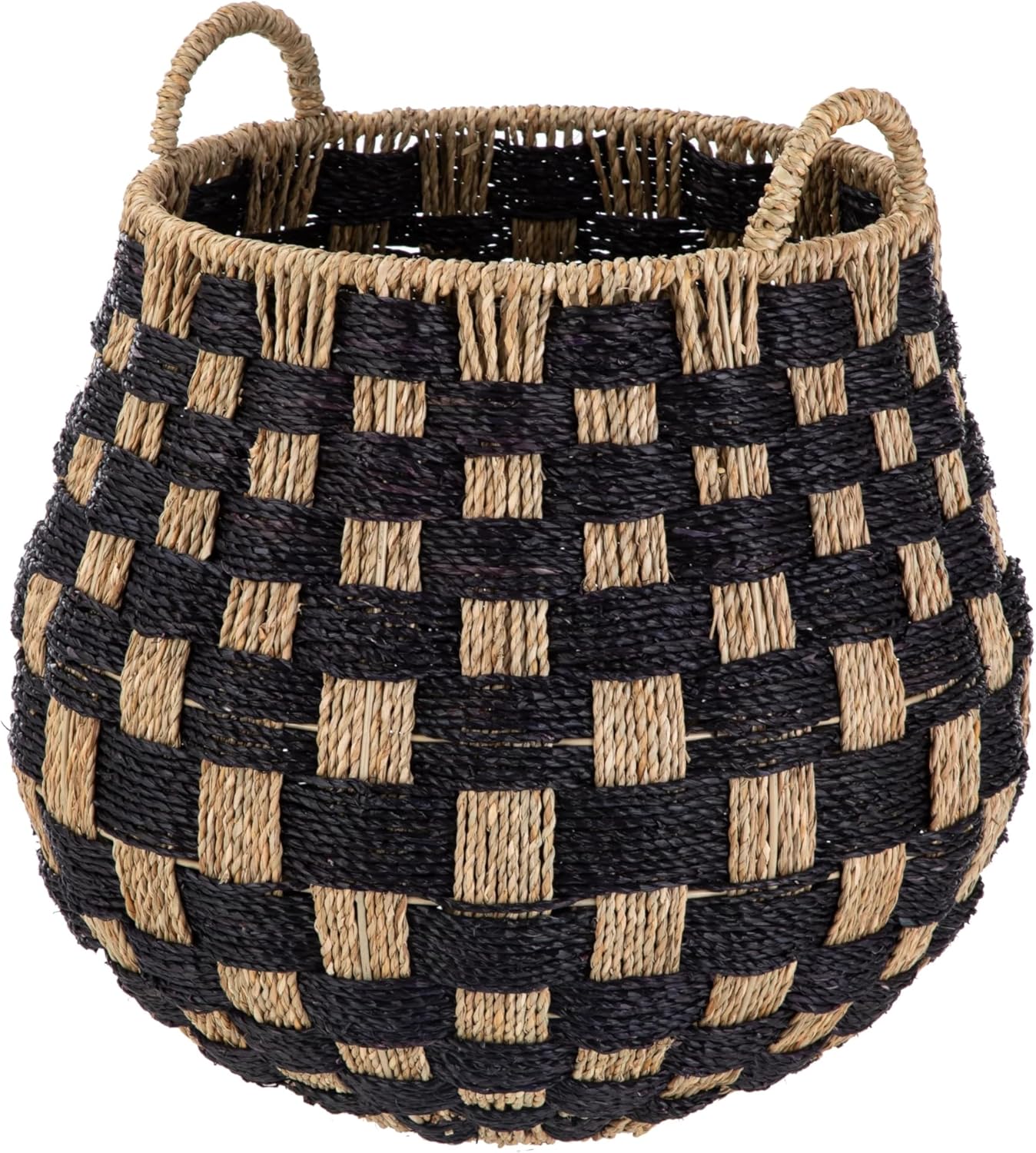 2 Pack Large Round Checkered Seagrass Storage Basket with Handles