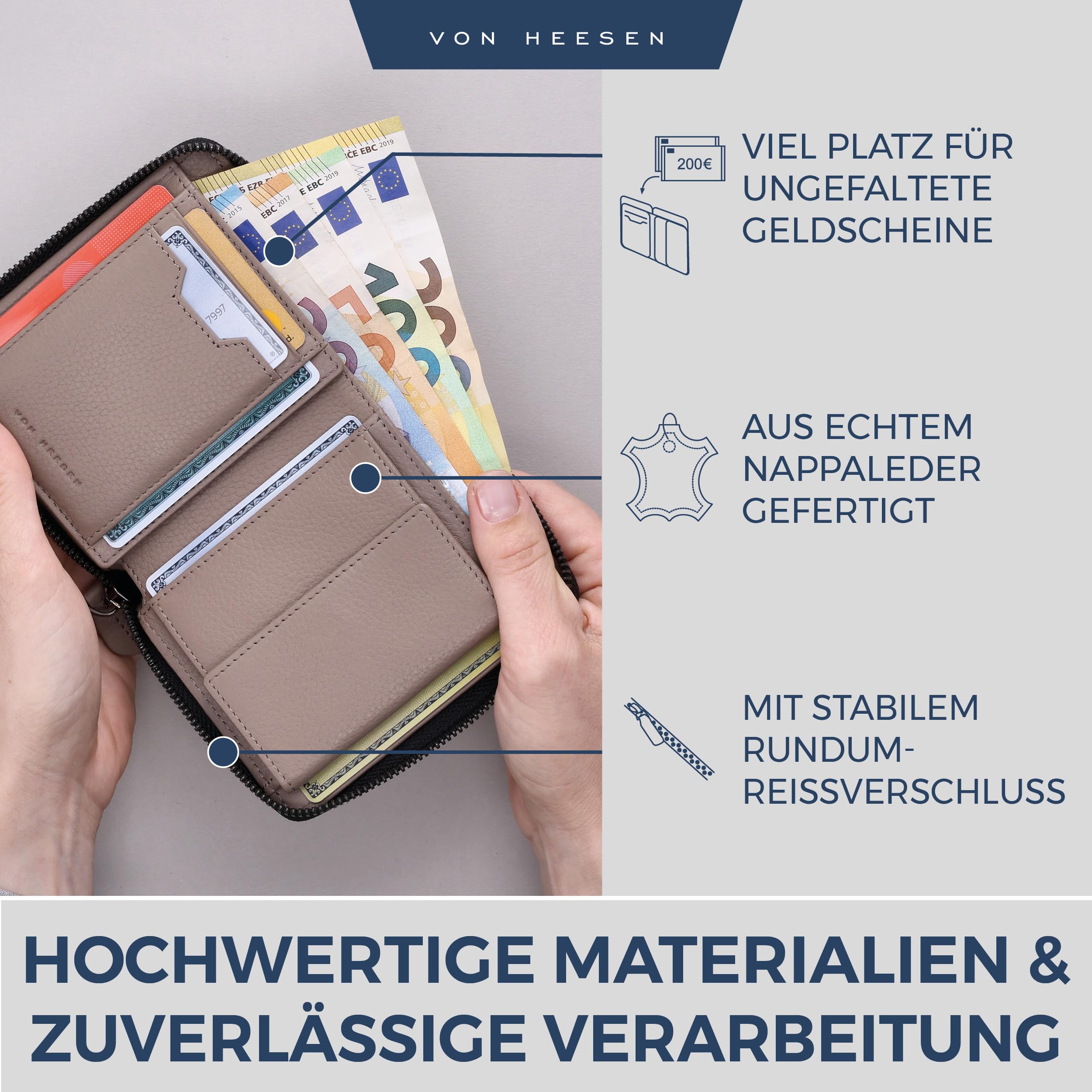 VON HEESEN Leder Geldbörse mit RFID-Schutz - Portemonnaie für Herren & Damen aus echtem Leder - Wallet mit Münzfach - Geldbeutel für Männer und Frauen in Taupe