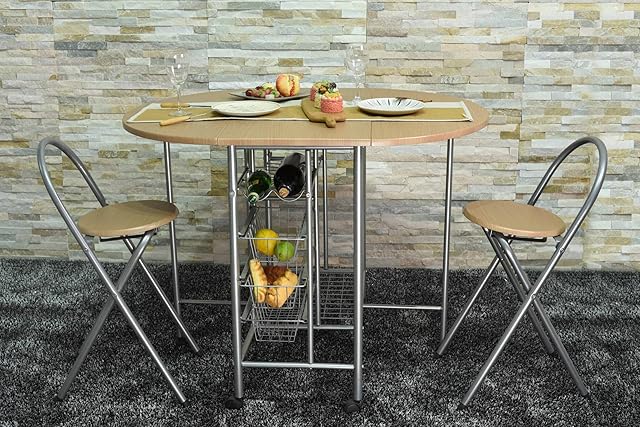 Spot on dealz® Folding Dining Table Drop Leaf Table and Chairs Space Saving Fold Away Butterfly Kitchen Breakfast Bar Foldable Extendable Two Seater Compact 3 Piece