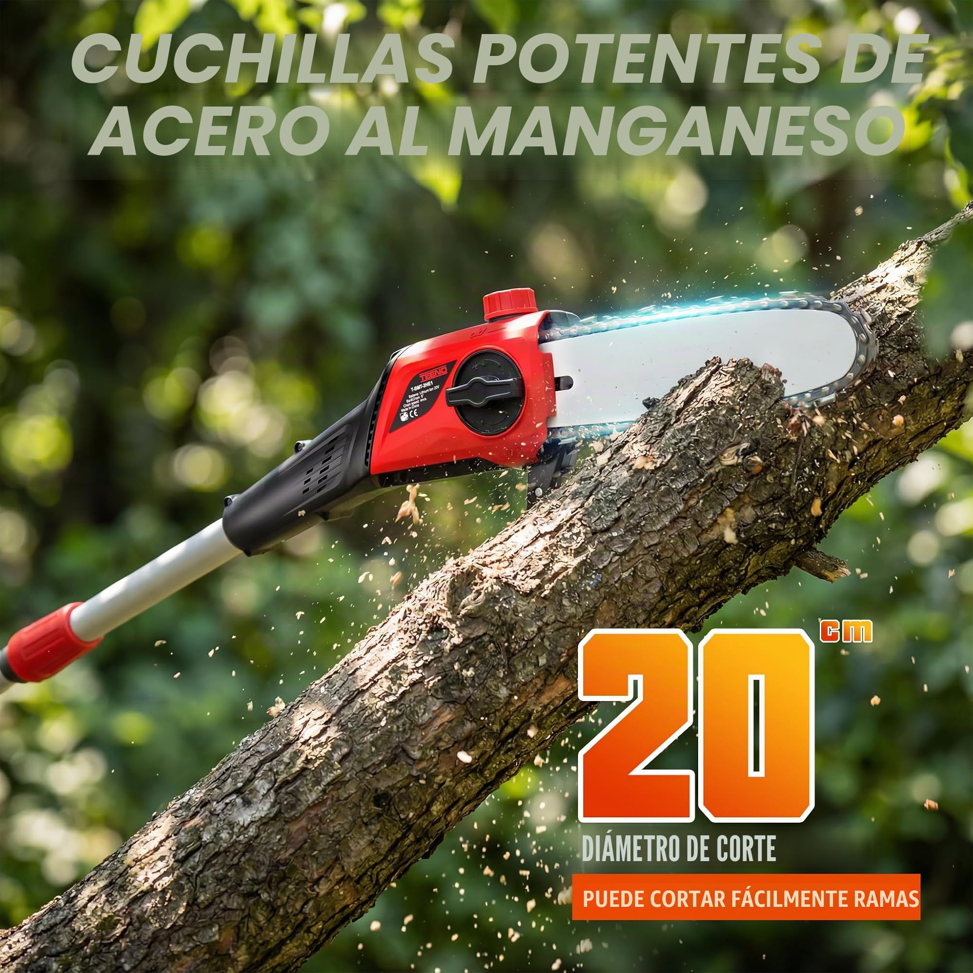 2 en 1 Motosierra Batería & Sierra y Cortasetos Pértiga a Batería ，con Correa Hombro, Barra Sierra 20 cm,Cortasetos 42 cm y Cuchillas Doble Acción, Incluye batería de 20V 4.0Ah