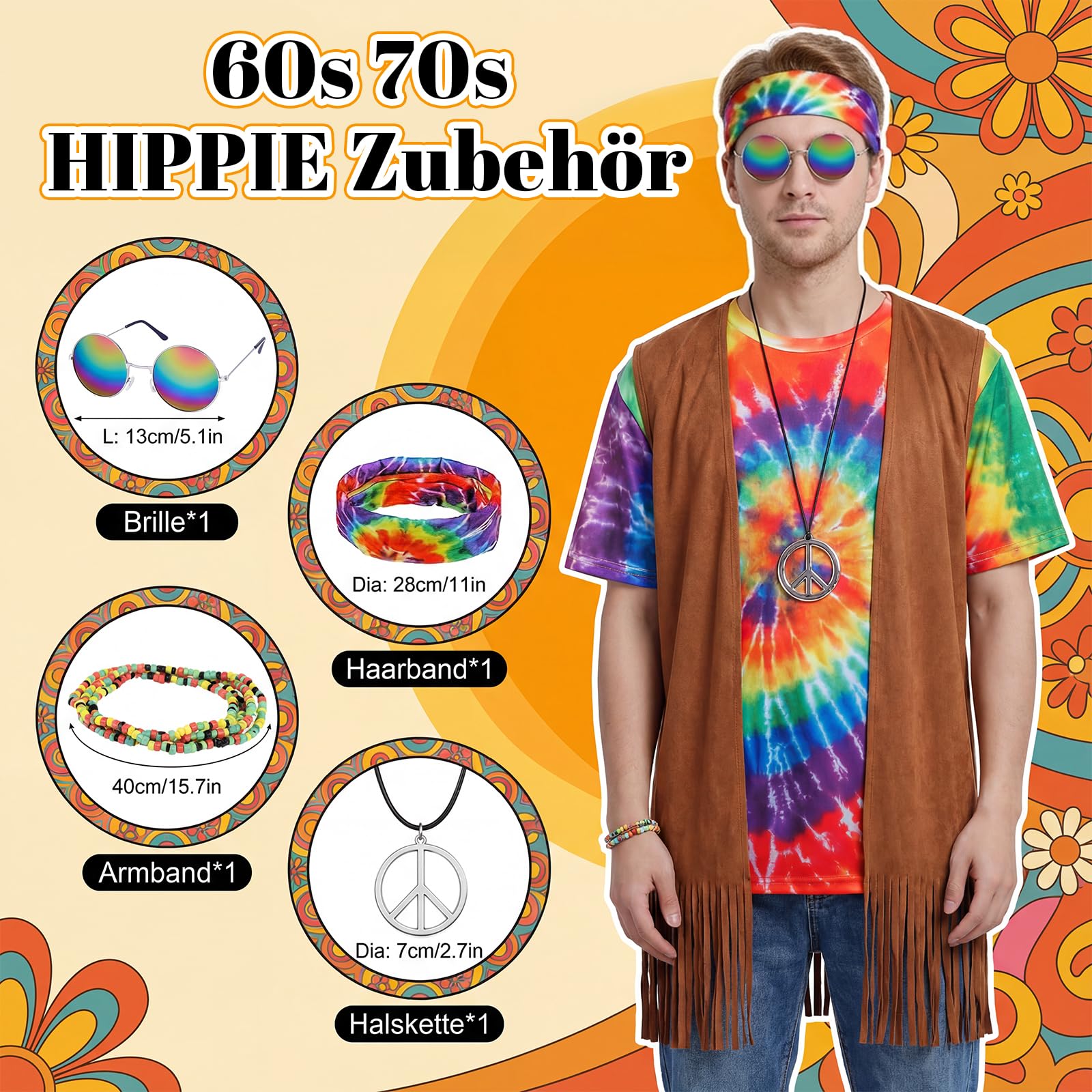 Kitimi Hippie Kostüm Herren Damen Set, 60er 70er Jahre Outfit Herren, Retro Disco Hippie Kostüm Herren mit Fransenweste Farbiges T-Shirt und Hippie Accessoires für Cosplay Maskenbälle Karneval Kostüm
