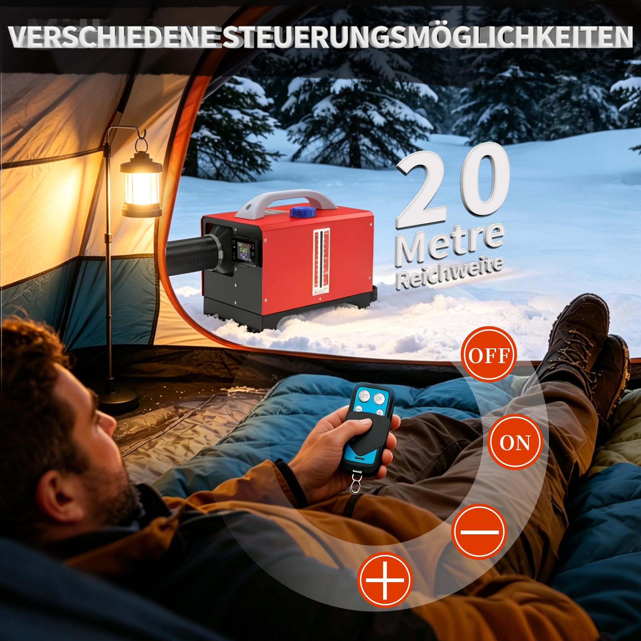 Dieselheizung 8kW liegend, Lüfterheizer 12V 5L, LCD schwarz, Schwarz/Rot