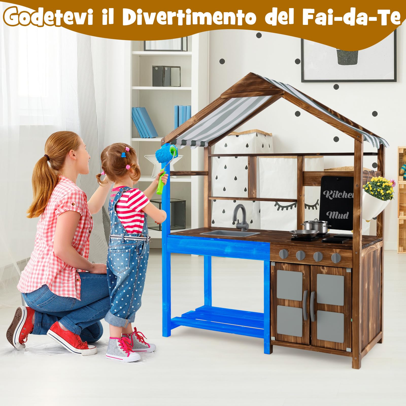 COSTWAY Set da Cucina per Bambini, Cucina da Giardino con Tettoia, Rubinetto Girevole e Lavello Rimovibile, Fornelli e Manopole Realistici, Lavagna, per Bambini 3-7 Anni