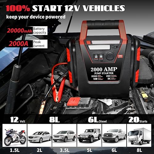 Miniatura 2 de Arrancador con compresor de aire, arrancador de batería de coche de 2000A, inflador de neumáticos de 260 PSI, amplificador de batería de plomo-ácido