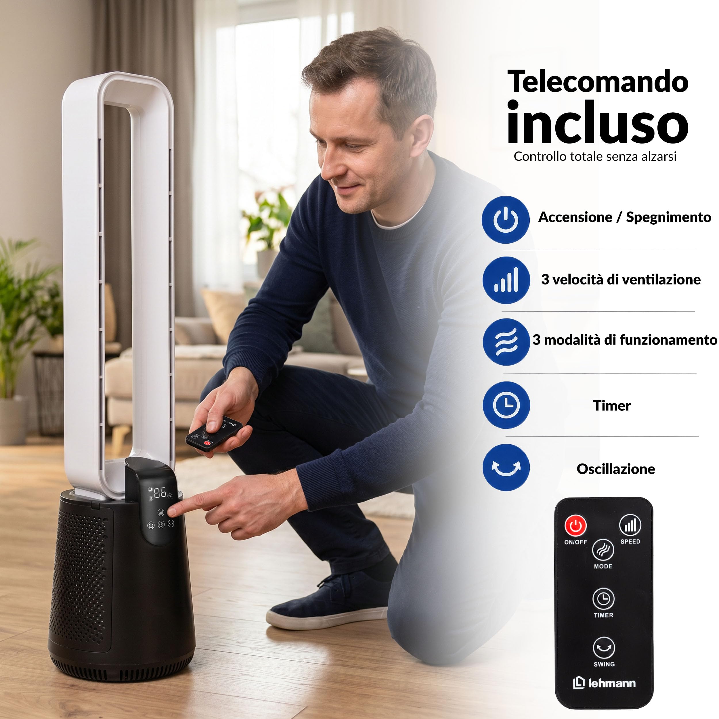 LEHMANN Ventilatore a Torre senza Pale 2 in 1 con Purificatore d'Aria, 2 Filtri HEPA, Silenzioso Modalità Notte, Timer 1-12 h, Telecomando e Display LED, Oscillazione, Per Camera da Letto & Ufficio